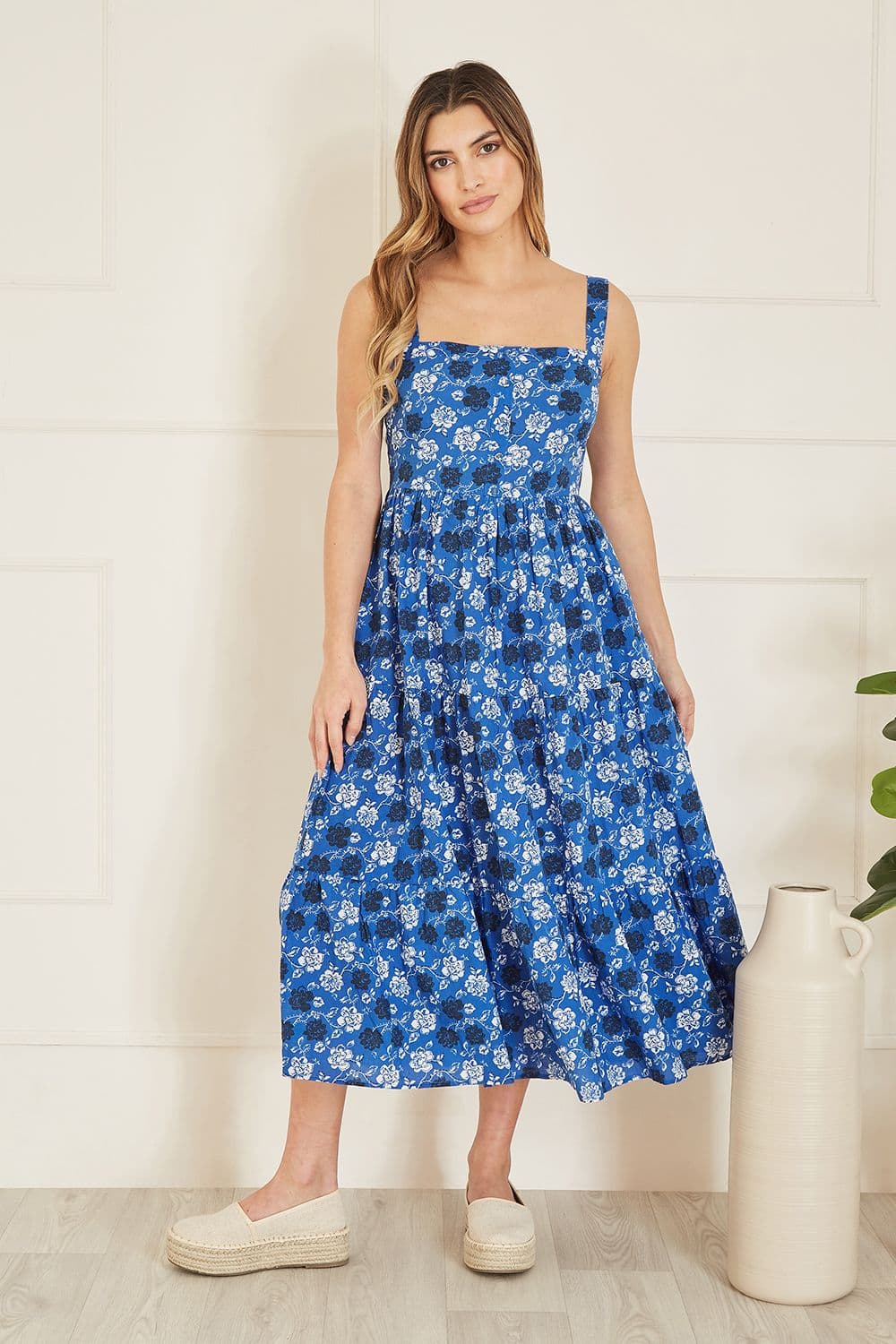Blue Organic Cotton Voile Floral Strappy Midi Sun Dress