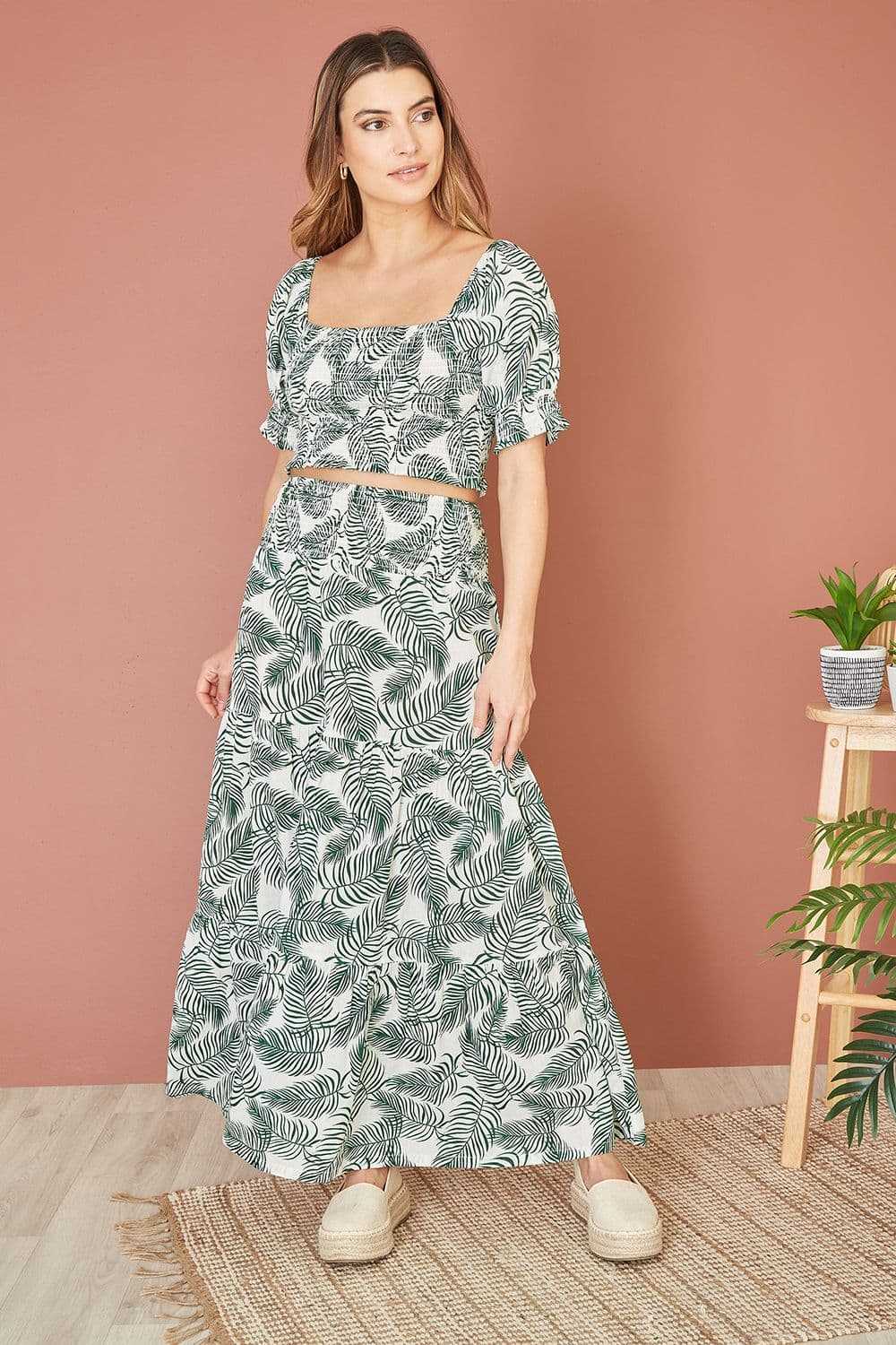 Green Organic Cotton Voile Palm Leaf Ruched Waist Midi Skirt