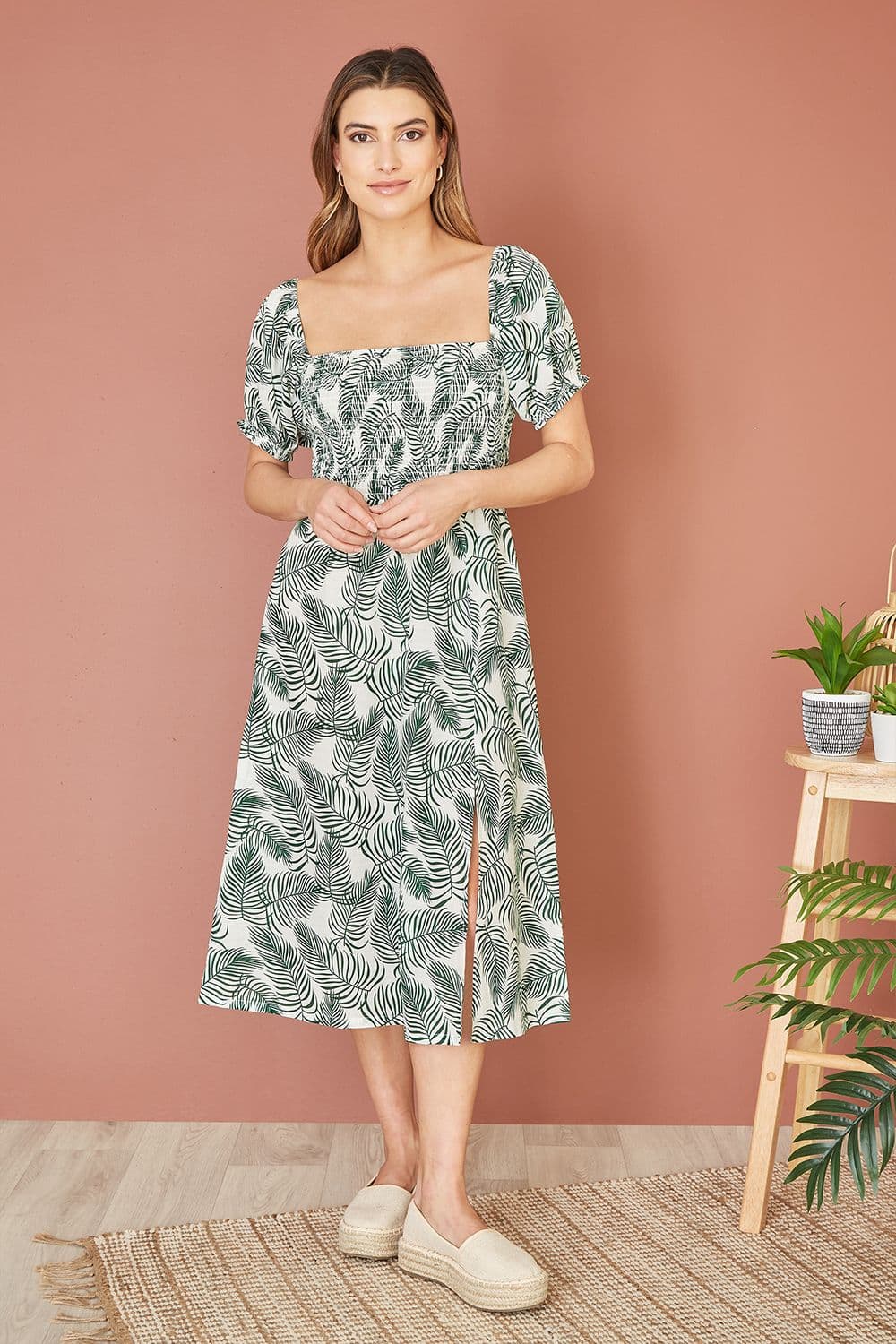 Green Organic Cotton Palm Print Midi Dress With Side Split