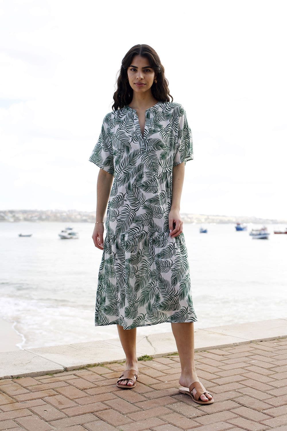 Green Organic Cotton Palm Print Tiered Tunic Dress