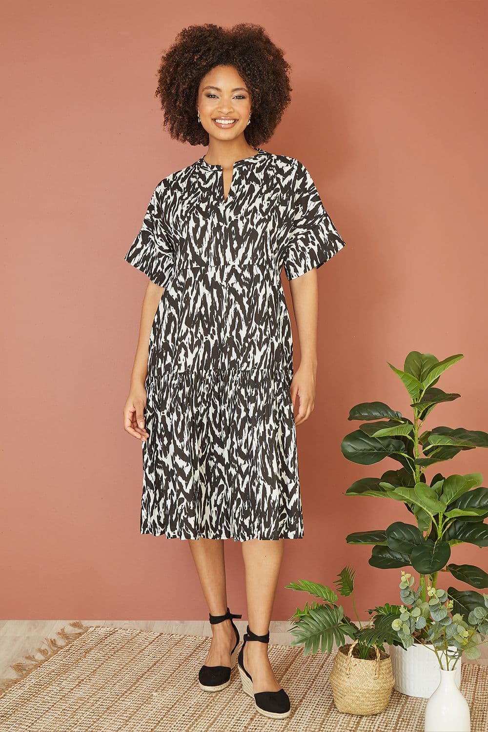 Black Organic Cotton Animal Print Tiered Tunic Dress