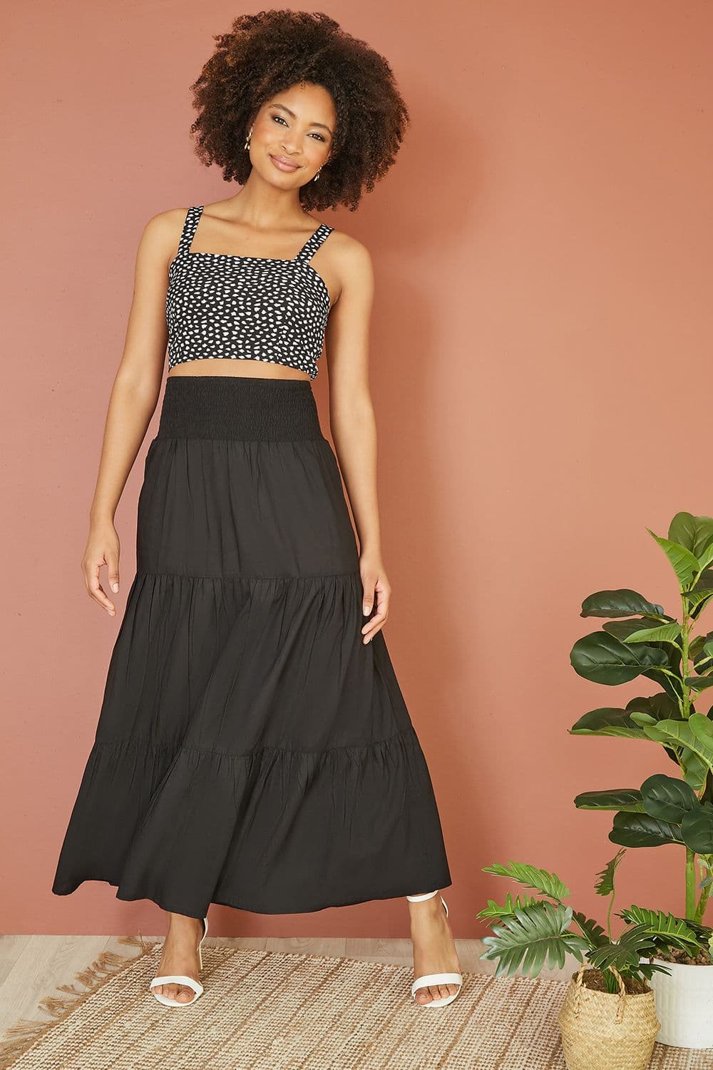 Black Ruched Waist Tiered Midi Skirt