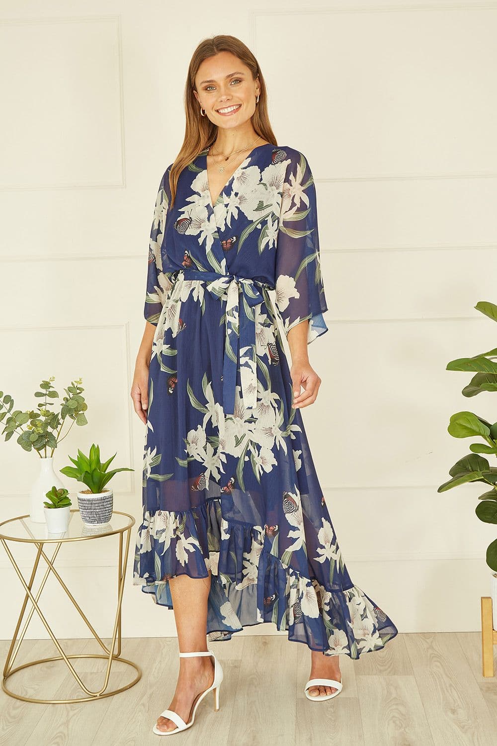Yumi Women's Navy Floral Kimono Sleeves Dip Hem Wrap Midi Dress | Size: 10