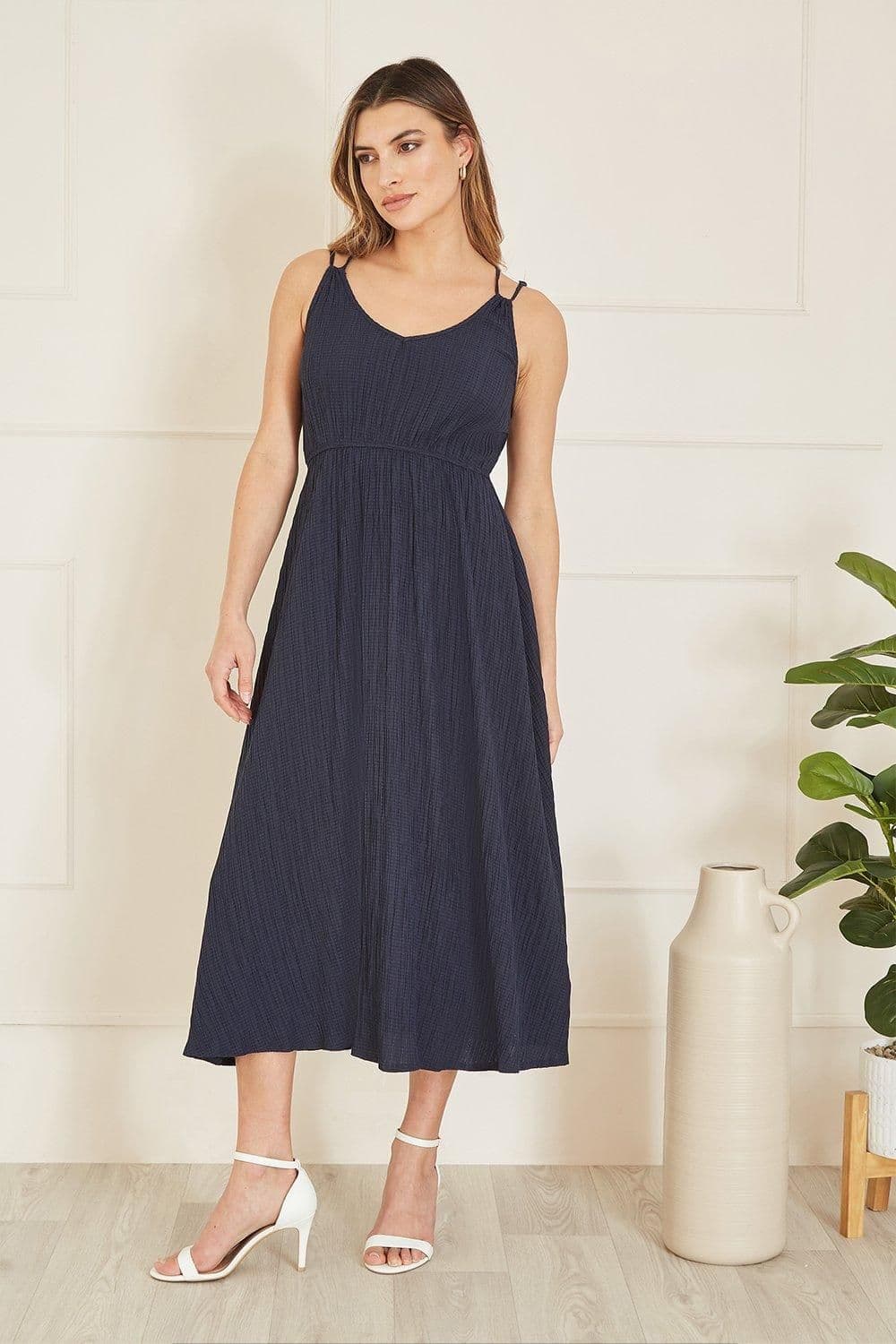 Stretch Crinkle Midi Dress Cross Over Strappy Back