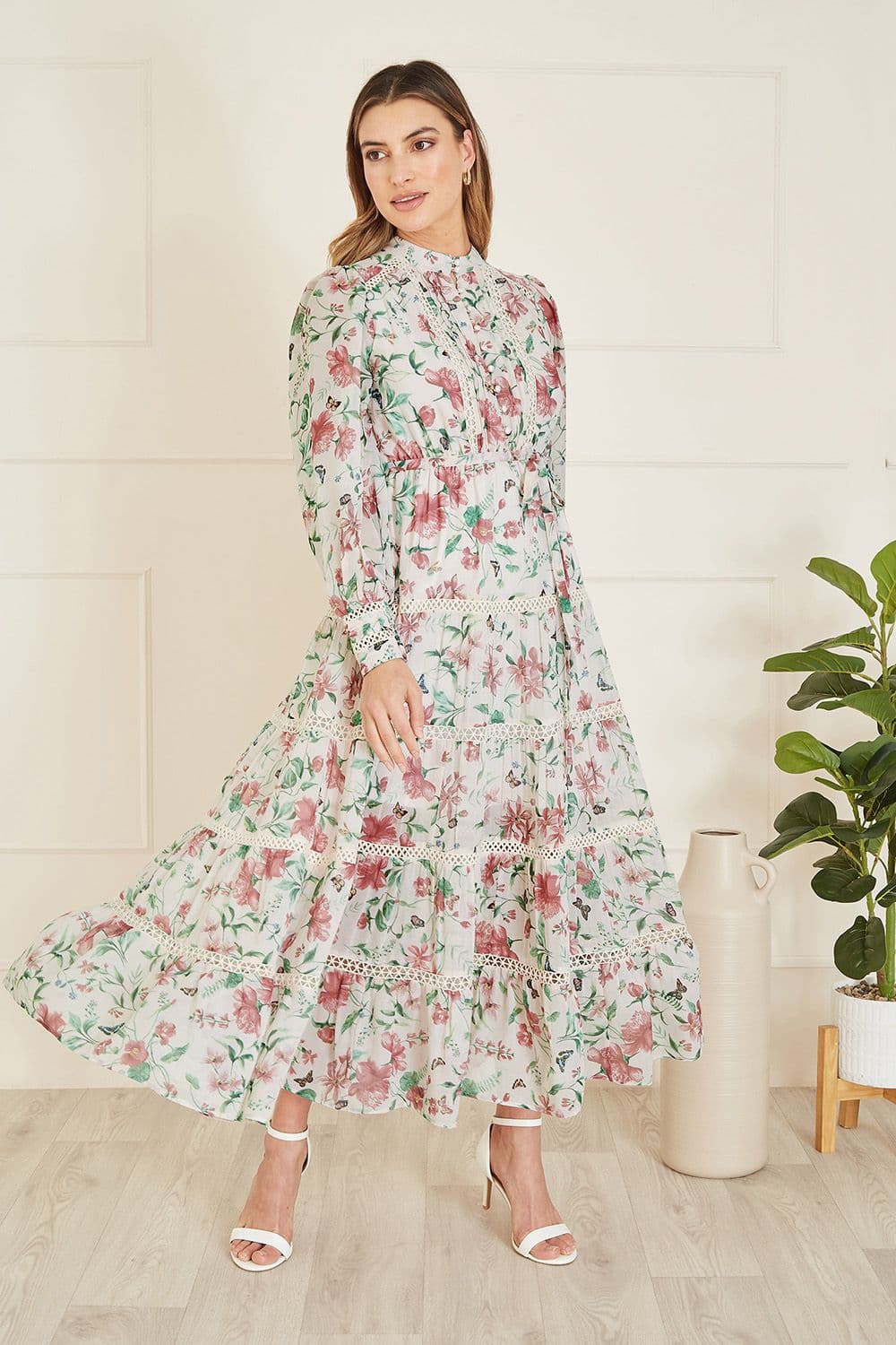 Butterfly Floral Tiered Long Sleeve High Neck Maxi Dress With Lace Trims