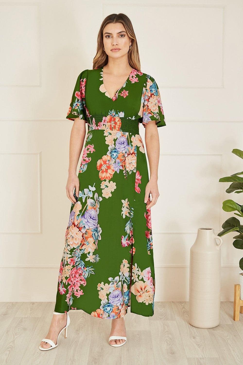 Floral Ruched Waist Maxi Dress Split Hemline