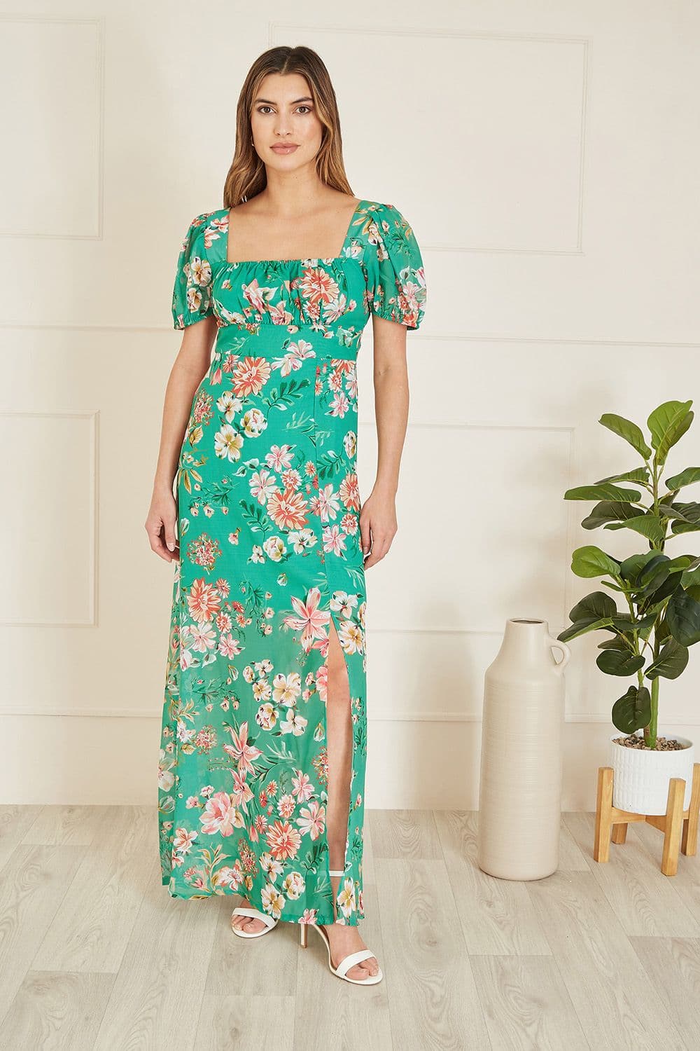 Green Floral Print Square Neck Maxi Dress With Split Hemline