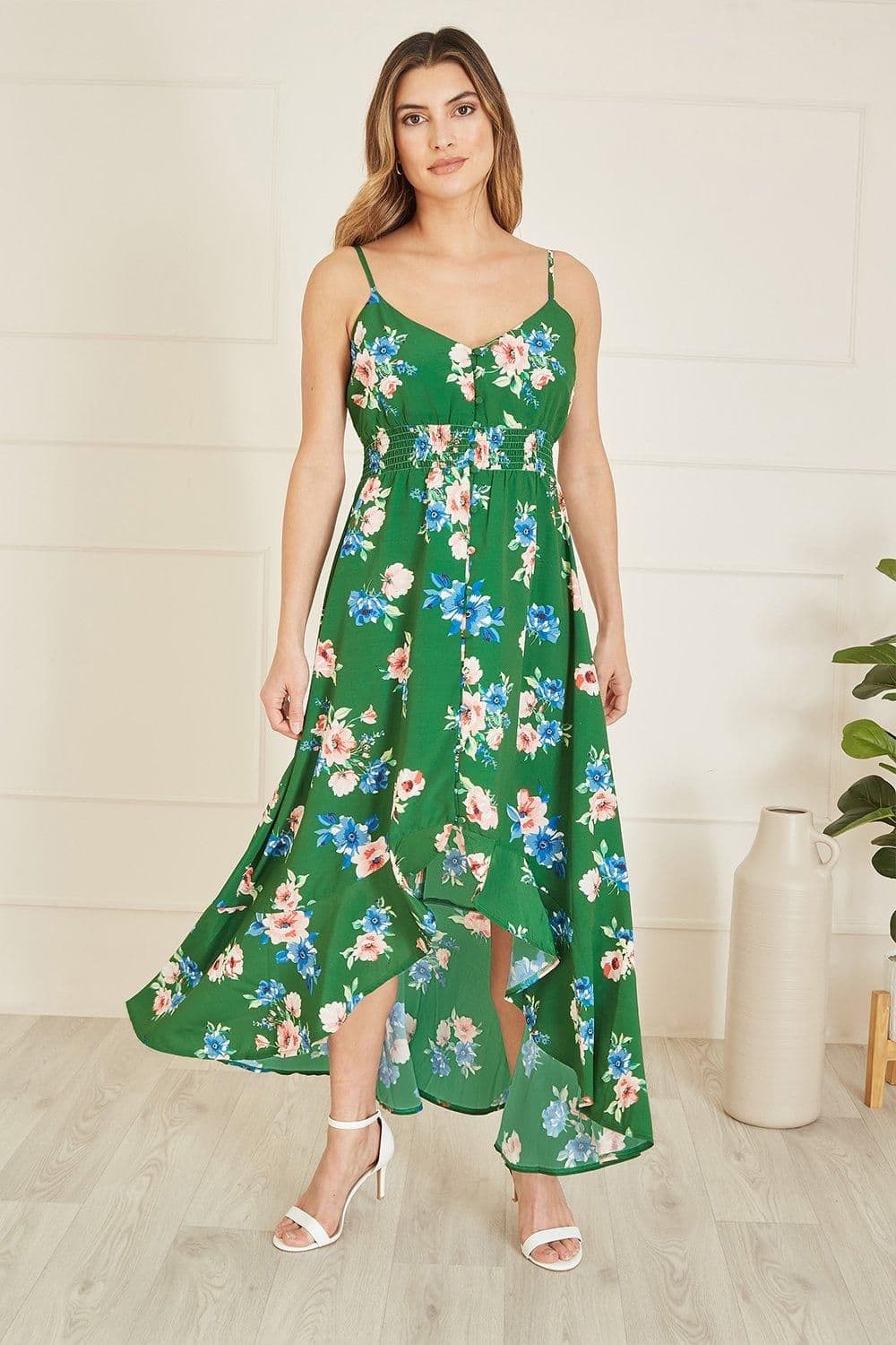 Floral High Low Frill Midi Dress