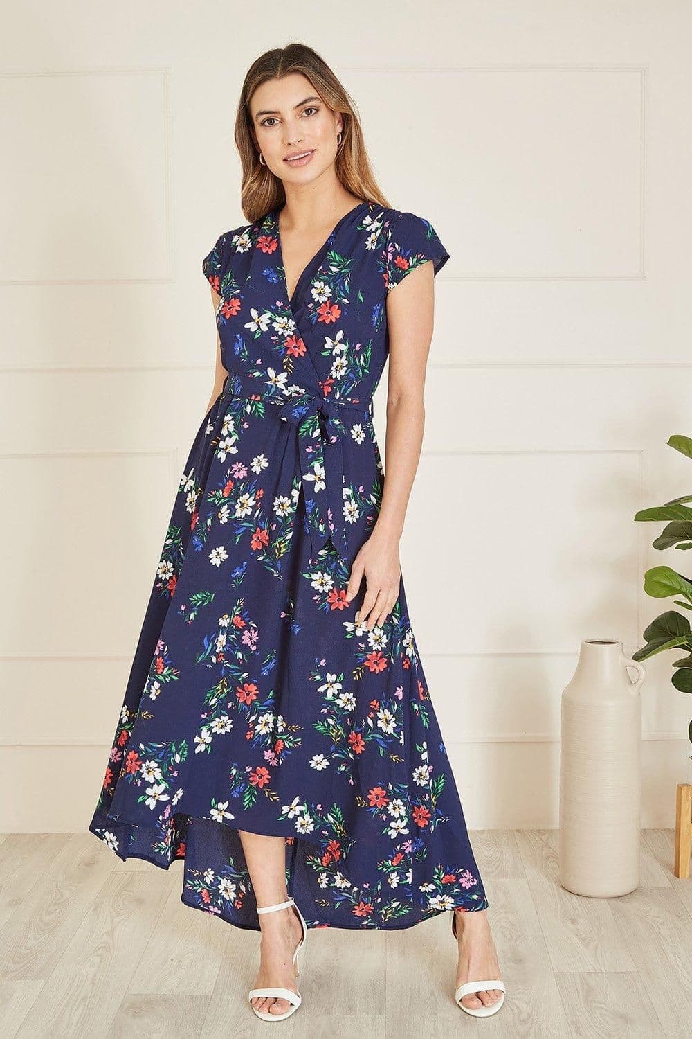 Daisy Print Wrap Over Midi Dress Dipped Hem