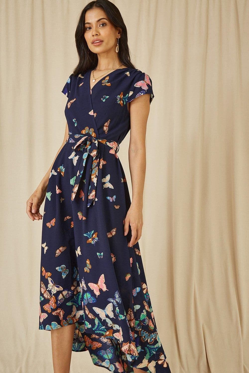 Butterfly Print Dip Hem Midi Wrap Dress