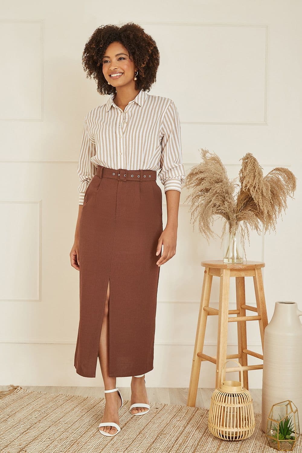 Brown Cotton Midi Skirt With Belt And Split Hem