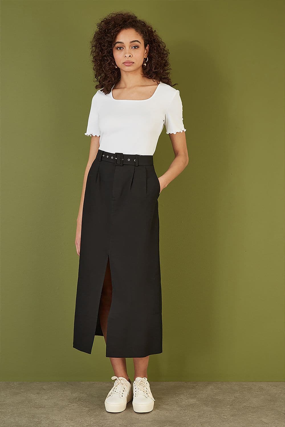 Black Cotton Midi Skirt With Belt And Split Hem