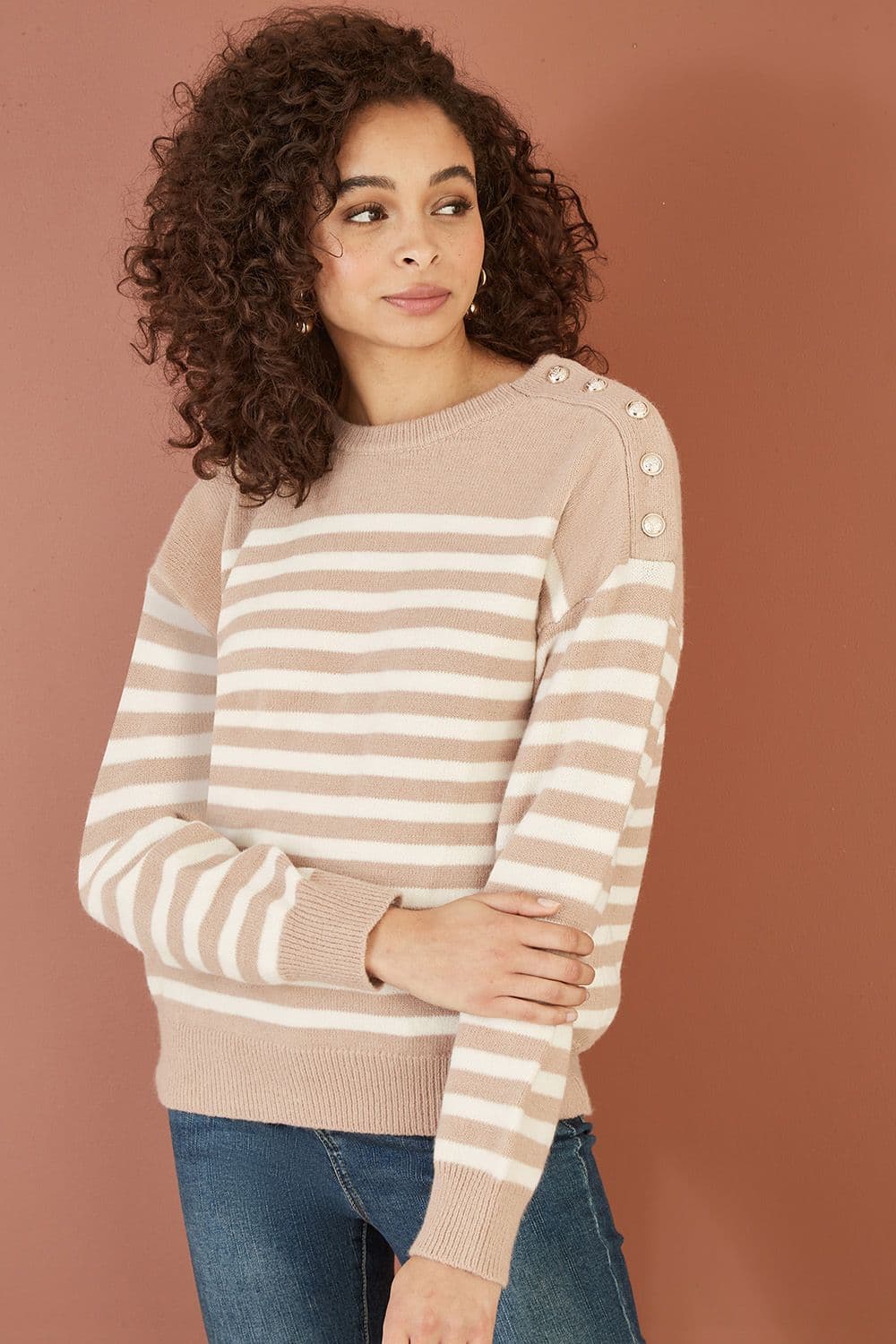 Beige Stripe Knitted Relaxed Jumper With Button Details
