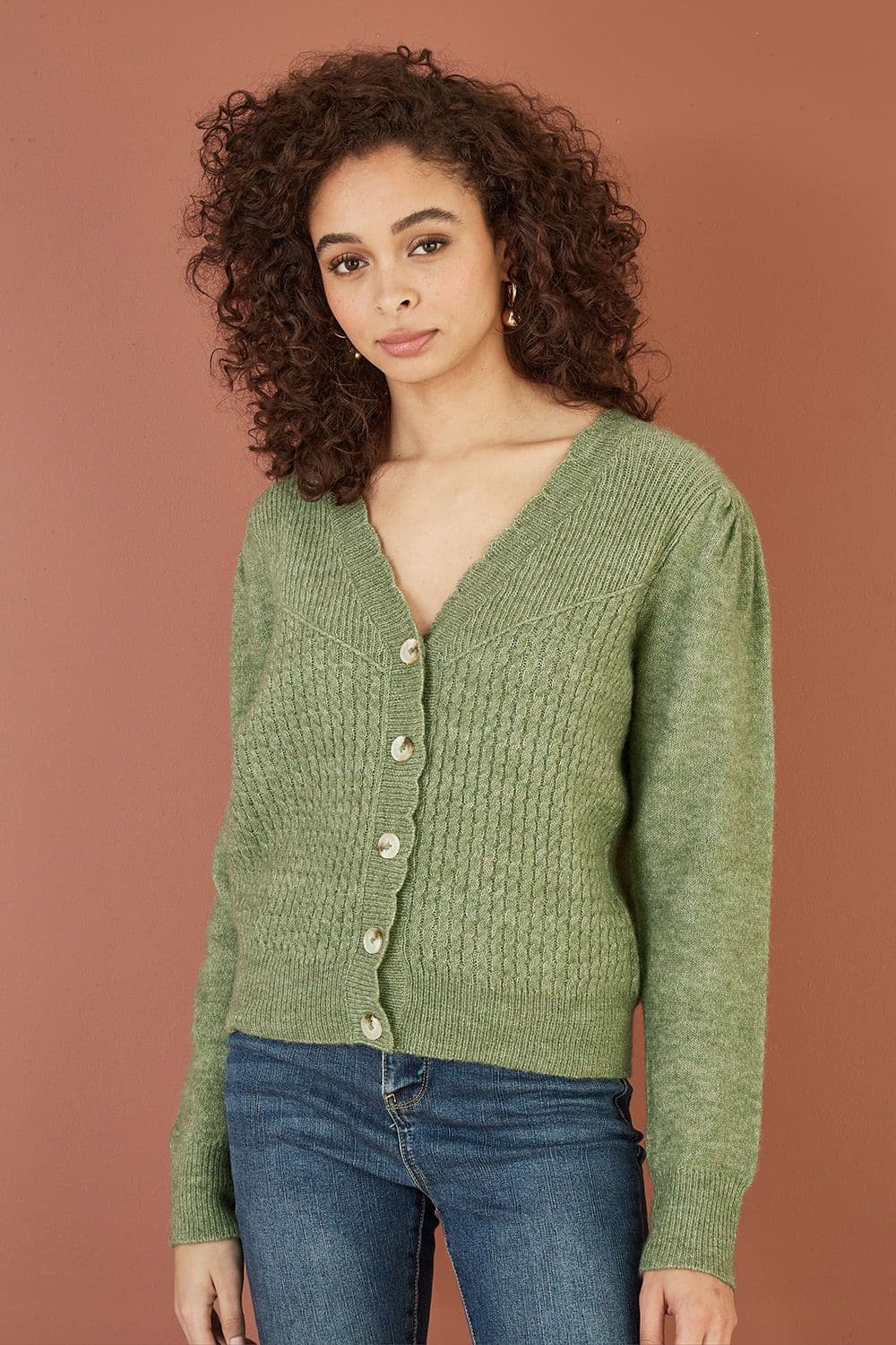 Green Twist Knit Button Up Cardigan