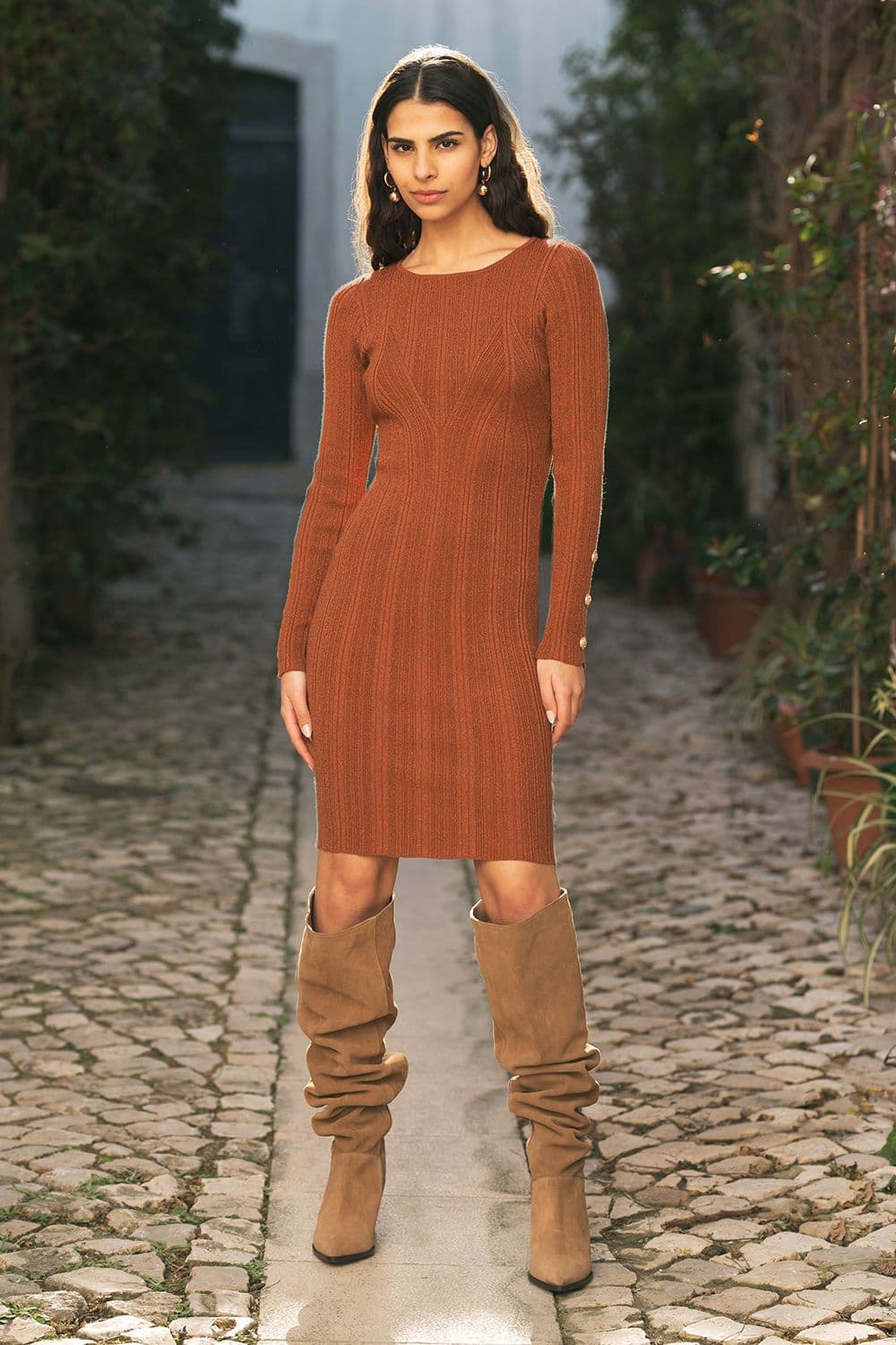 Yumi Women's Brown Shimmer Fitted Midi Dress With Button | Size: Medium