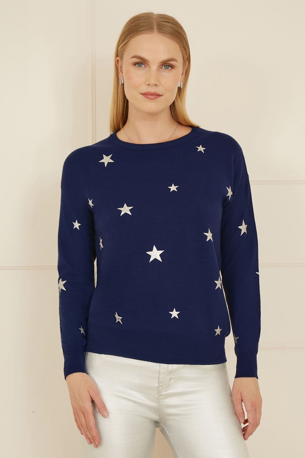 Yumi Women's Navy Silver Foil Star Print Relaxed Fit Jumper | Size: XL