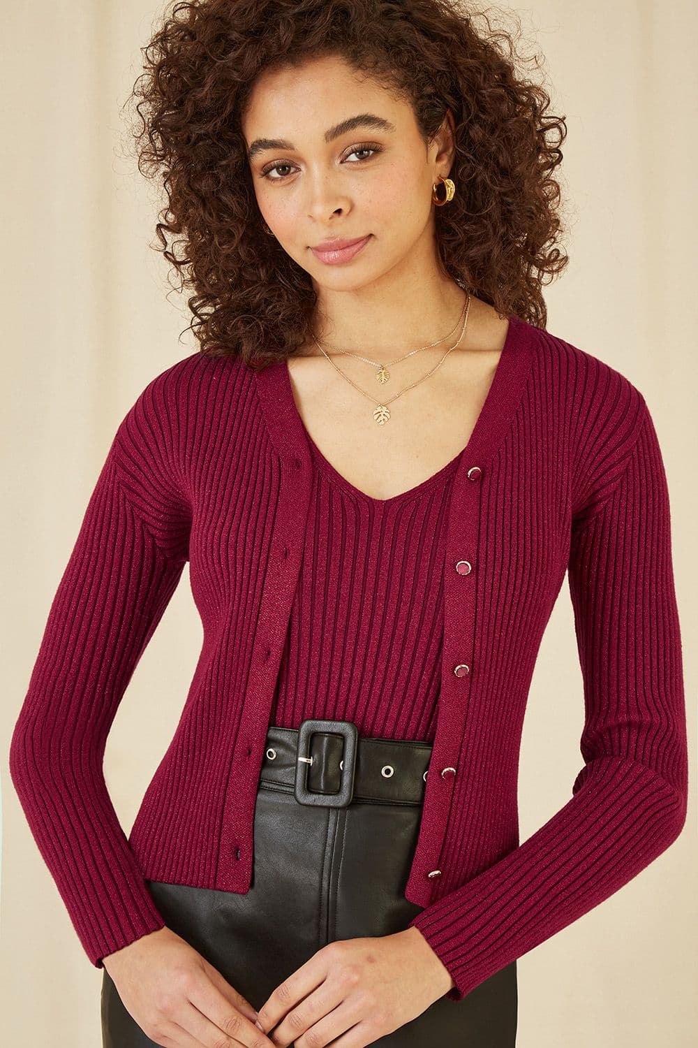 Burgundy Metallic Rib Knitted Cardigan