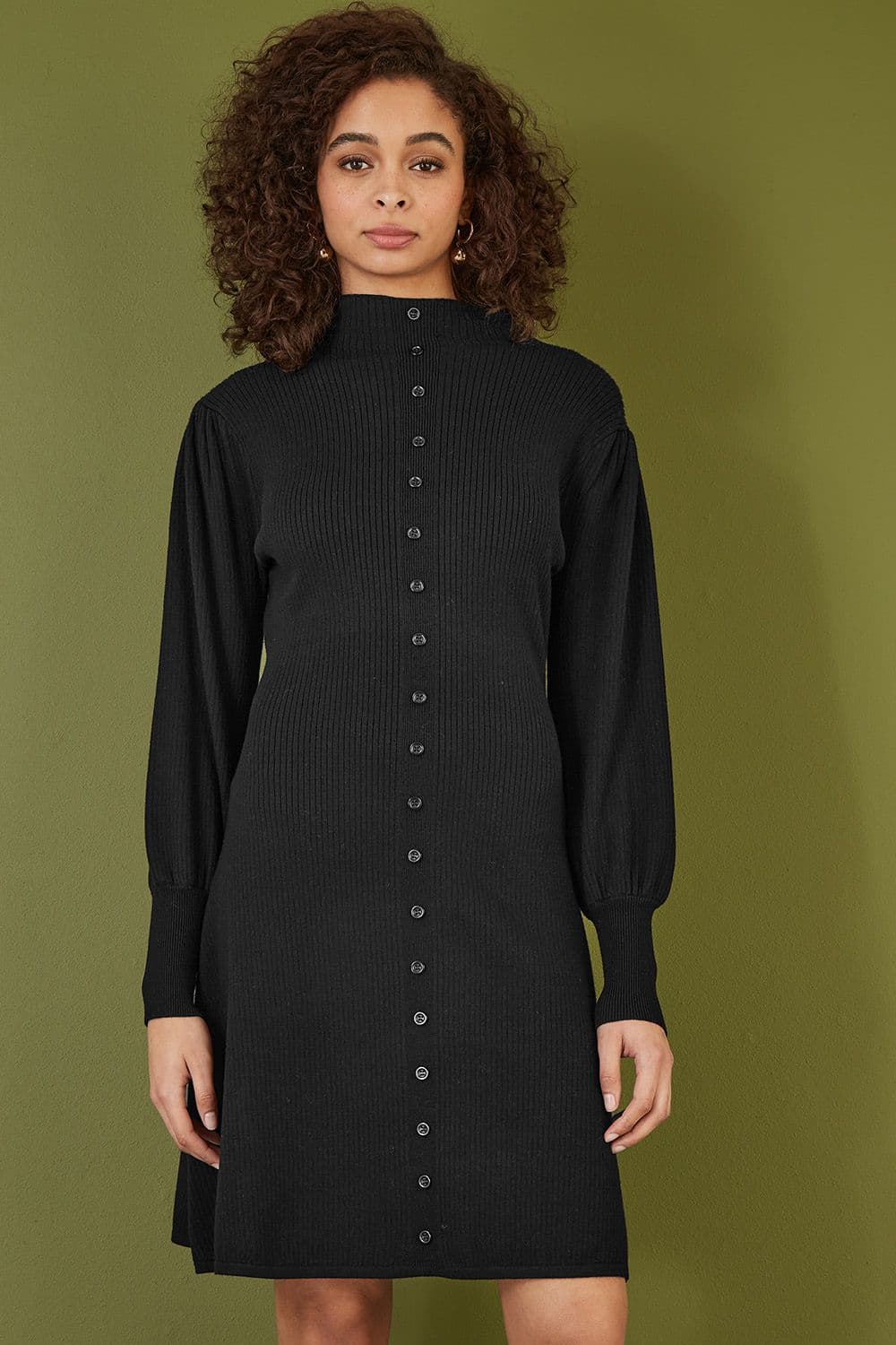 Yumi Women's Black Knitted Button Up Midi Dress With Balloon Sleeves | Size: Small