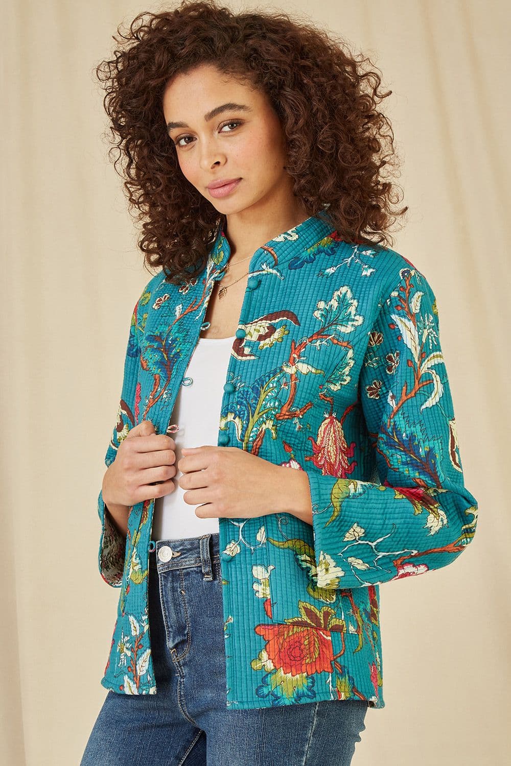 Yumi Women's Teal Floral Print Reversible Cotton Quilted Jacket | Size: 14