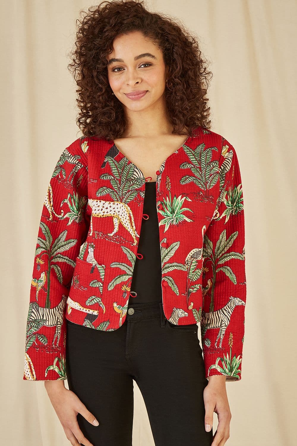 Yumi Women's Red Animal Print Reversible Cotton Cropped Quilted Jacket | Size: 10