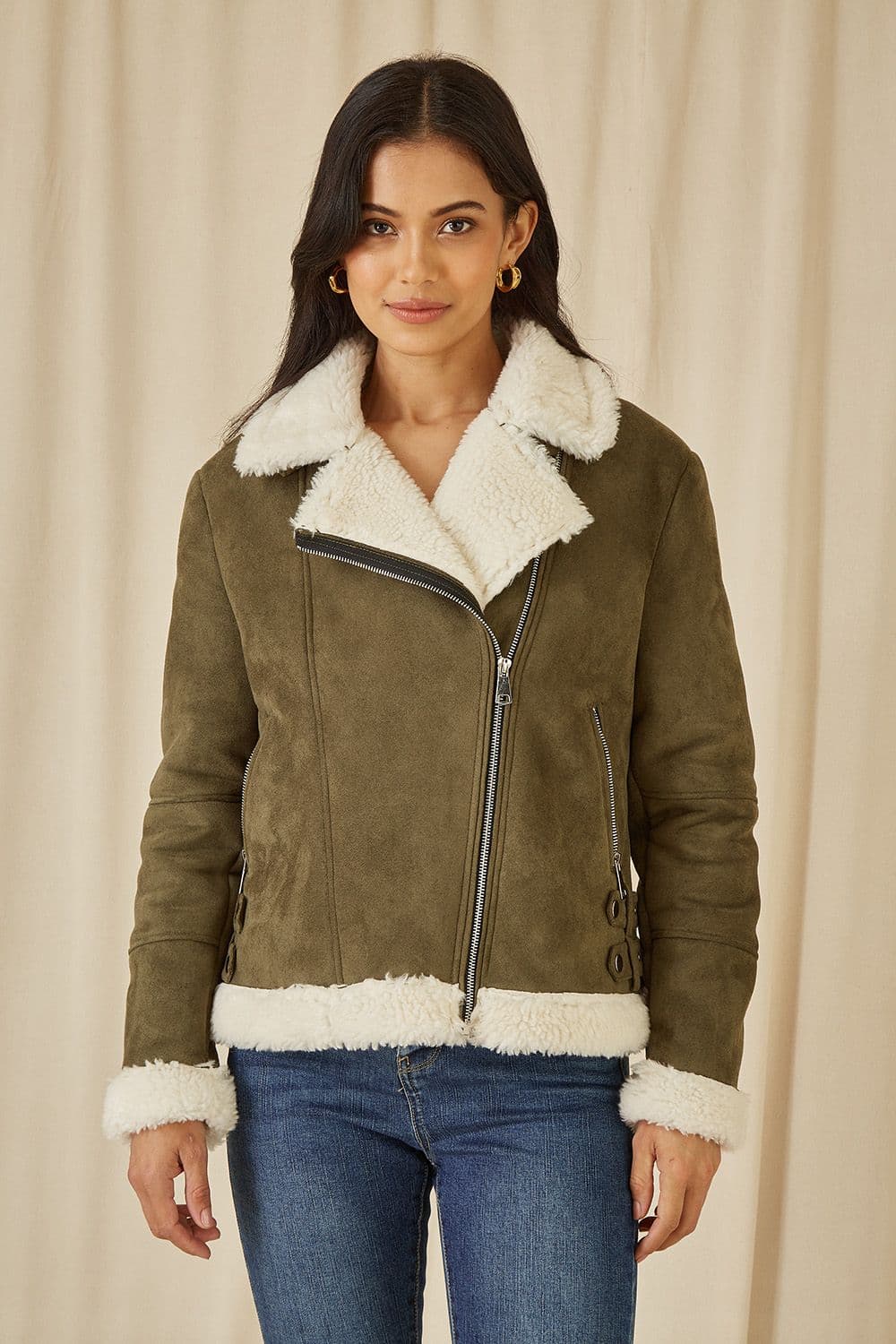 Yumi Women's Green Faux Suede & Shearling Biker Jacket | Size: 16