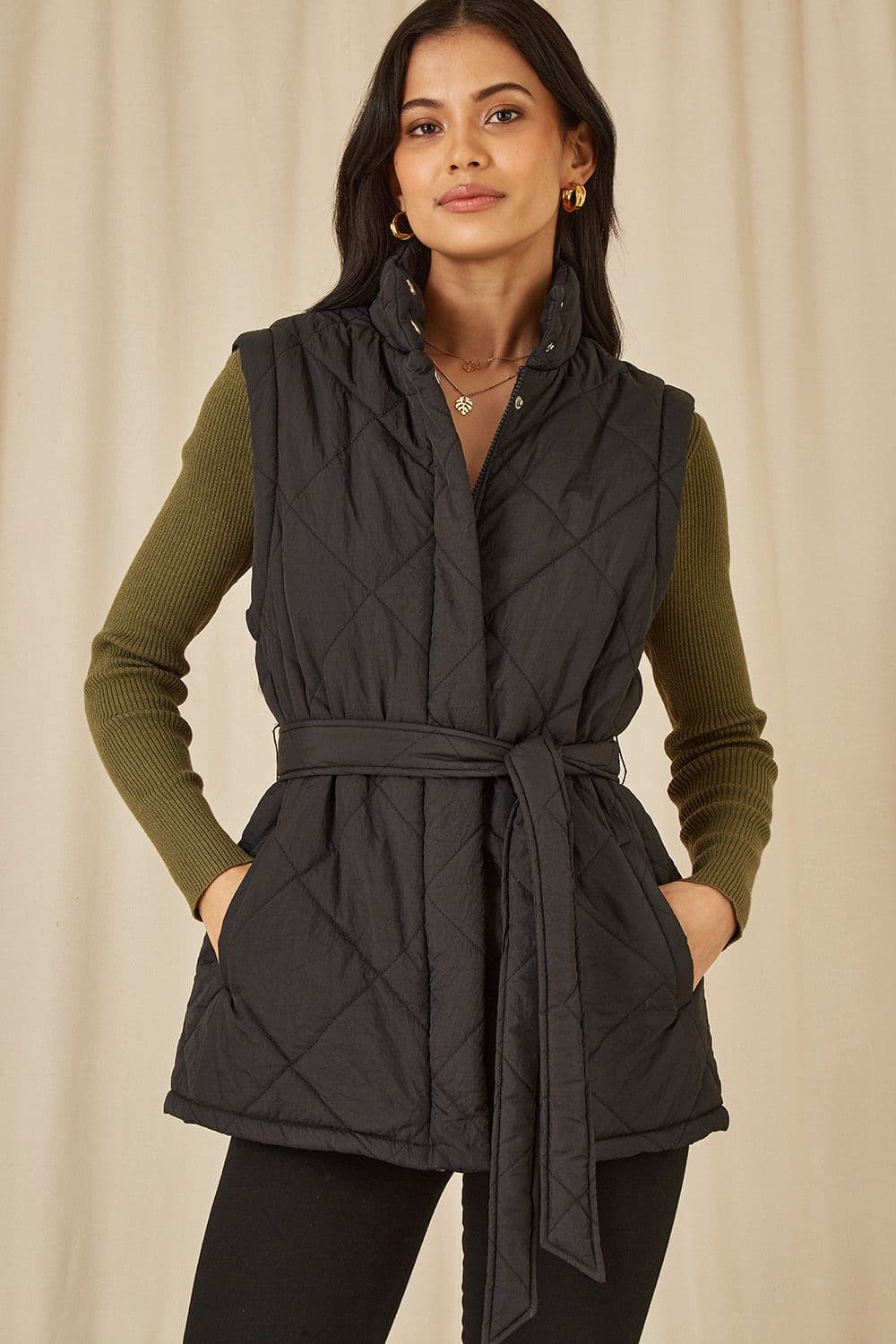 Black High Neck Quilted Gilet With Belt
