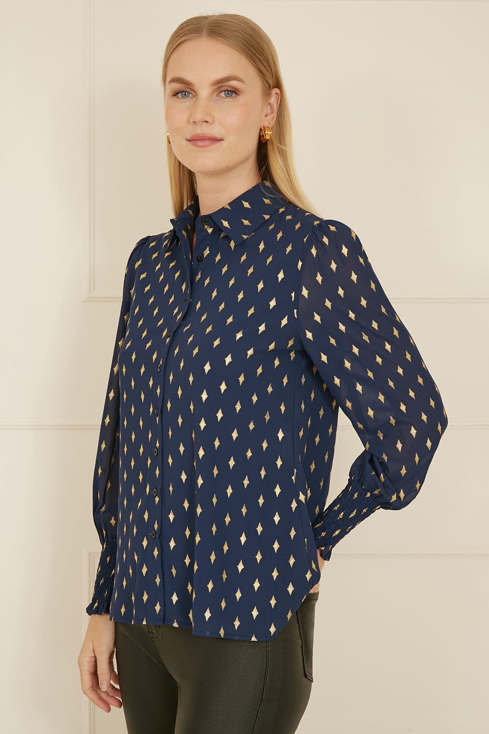 Navy Diamond Foil Print Top With Ruched Cuff