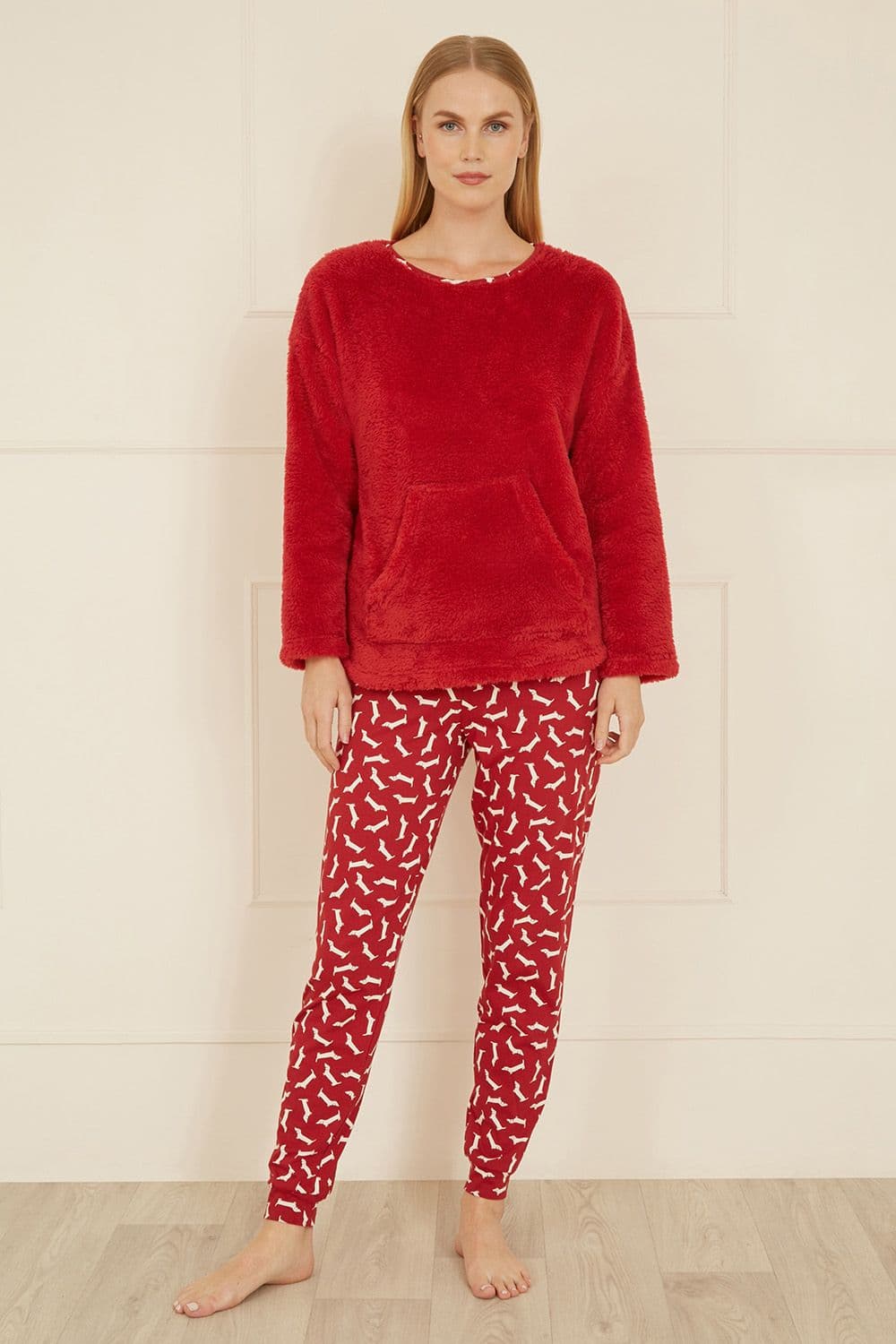 Yumi Women's Red Pyjamas With Fleece Top & Dachshund Print Trousers | Size: Large