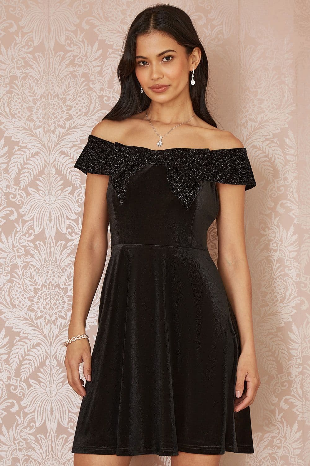 Velvet Skater Dress Sparkle Bow Neckline