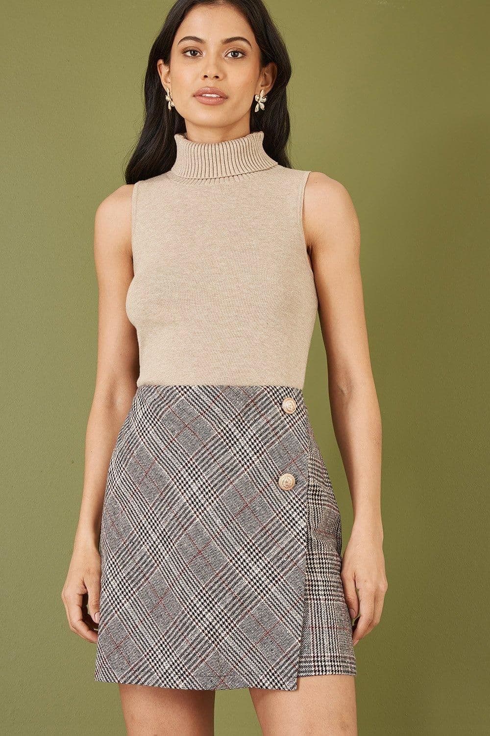 Checked Wrap Mini Skirt Button Detail