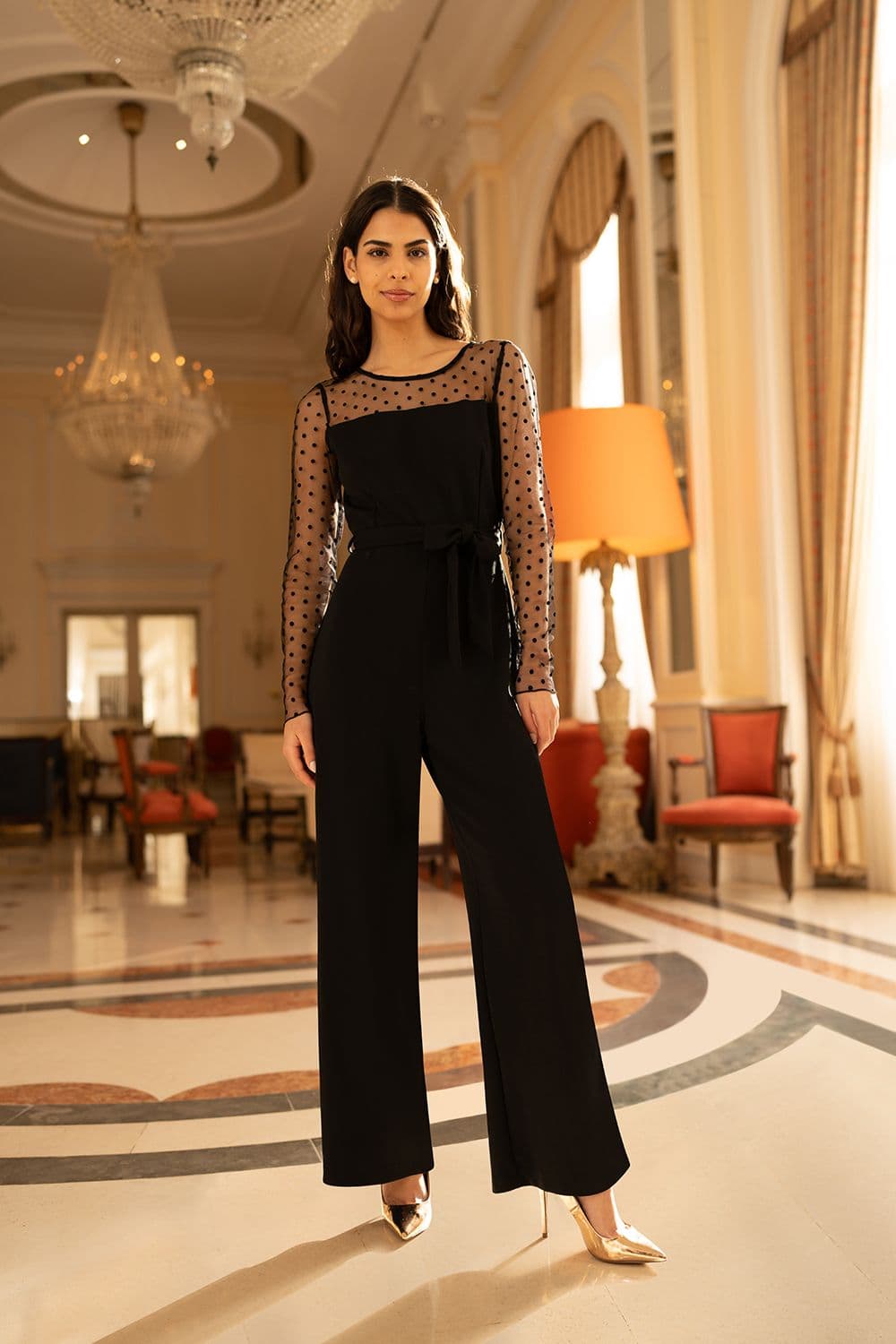 Black Spot Mesh Stretch Jumpsuit