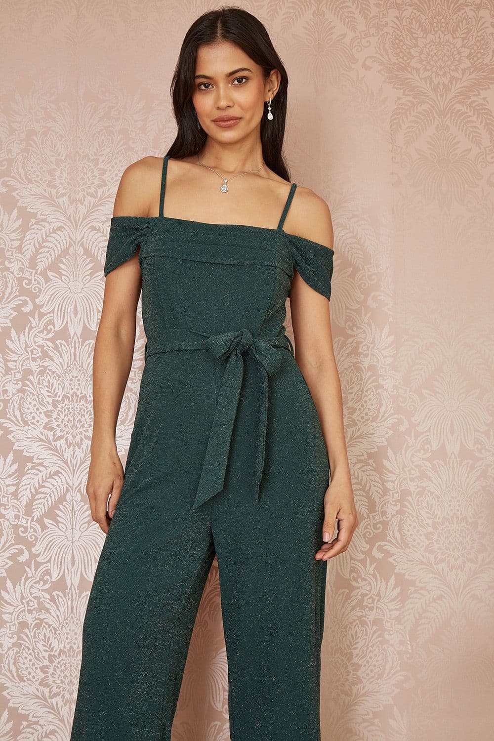 Yumi Women's Green Sparkle Stretch Bardot Jumpsuit | Size: 10