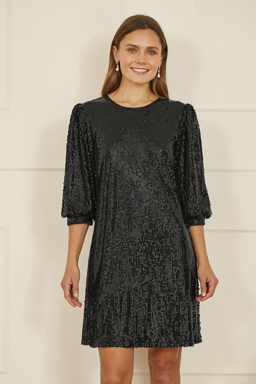 Yumi Women's Black Sequin Tunic Dress With Balloon Sleeves | Size: 10