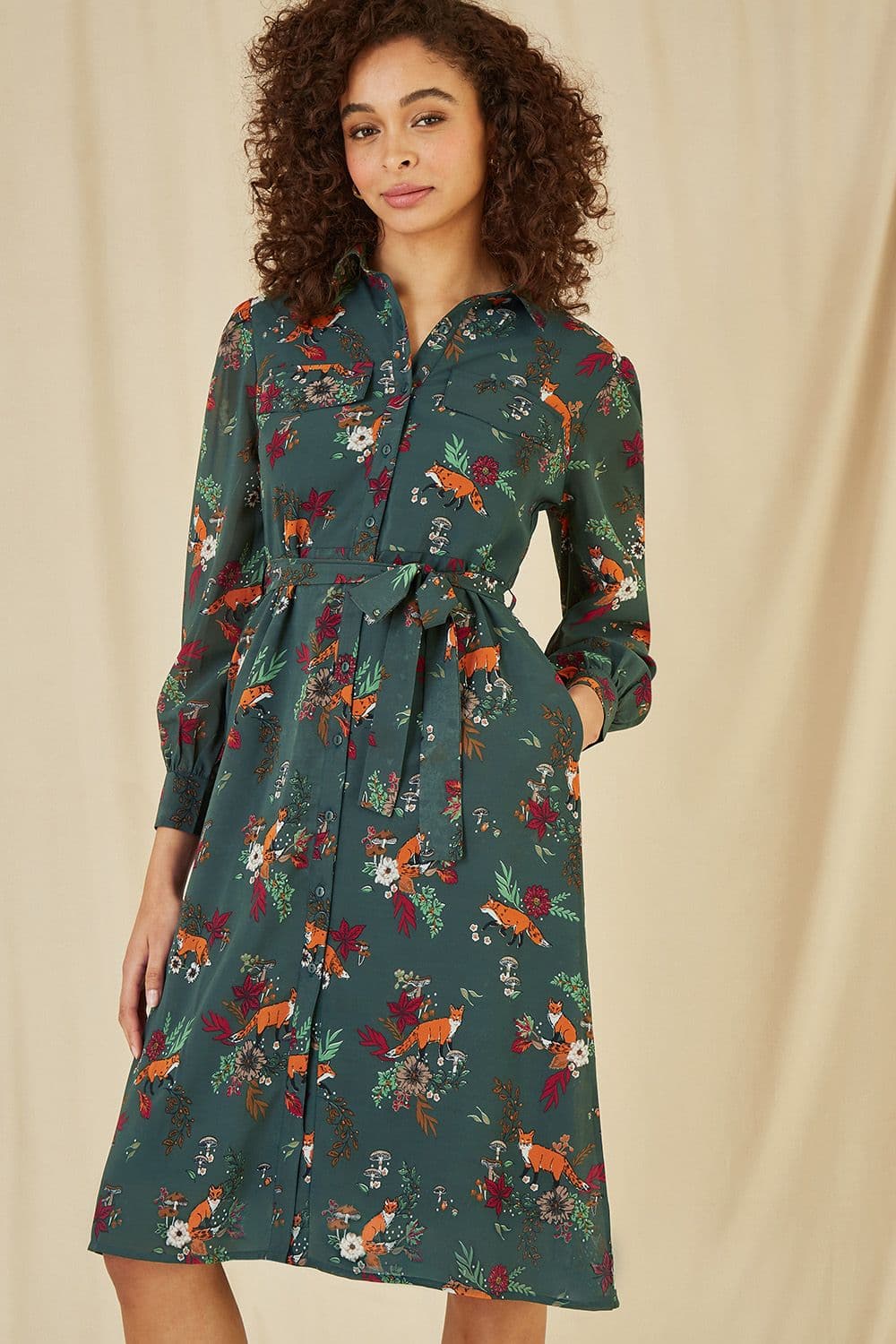 Green Recycled Fox Print Shirt Midi Dress