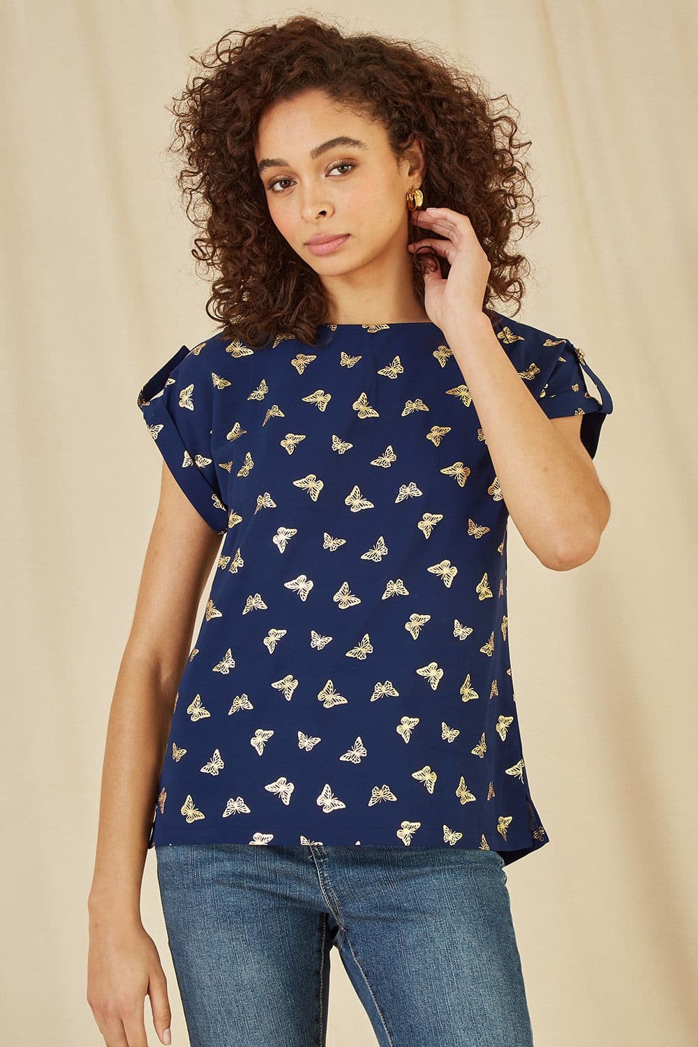Navy Foil Butterfly Print Top