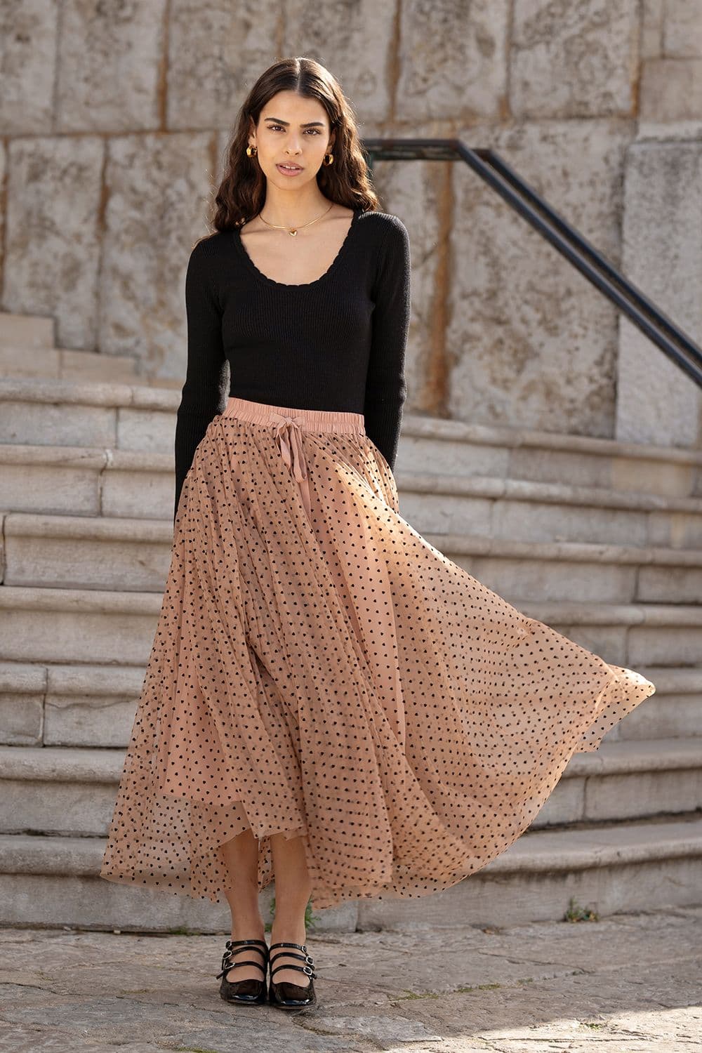 Brown Mesh Heart Print Tulle Skirt