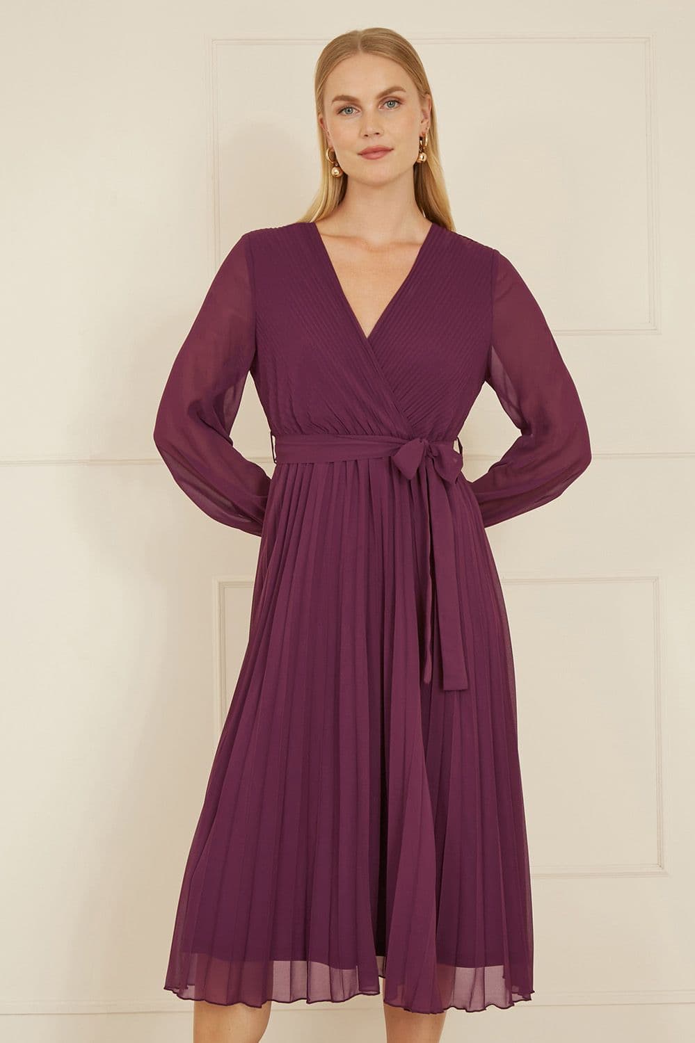 Plum Pleated Wrap Midi Dress With Sheer Long Sleeves