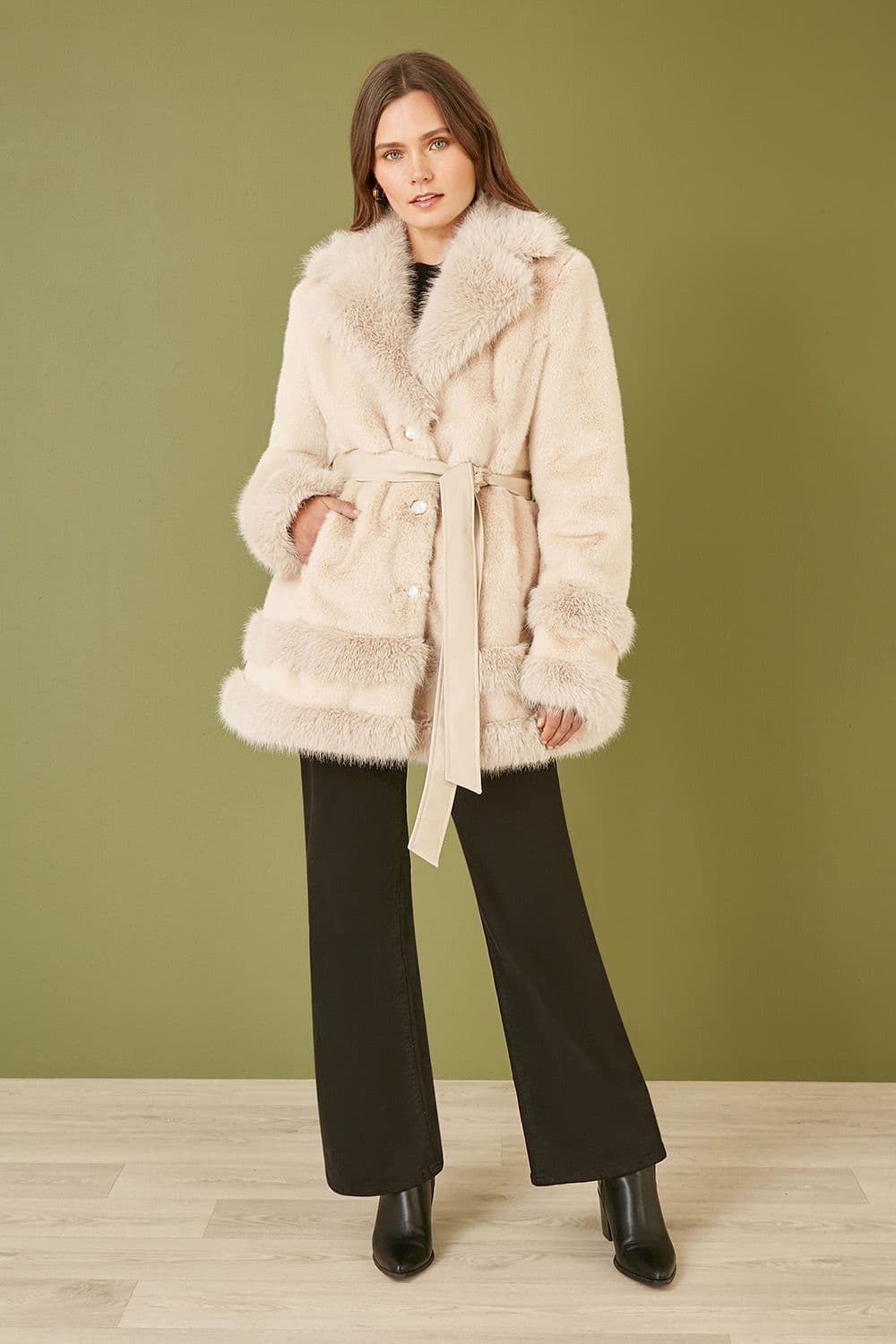 Yumi Women's Cream Luxe Faux Fur Swing Coat With Tie Belt | Size: 14