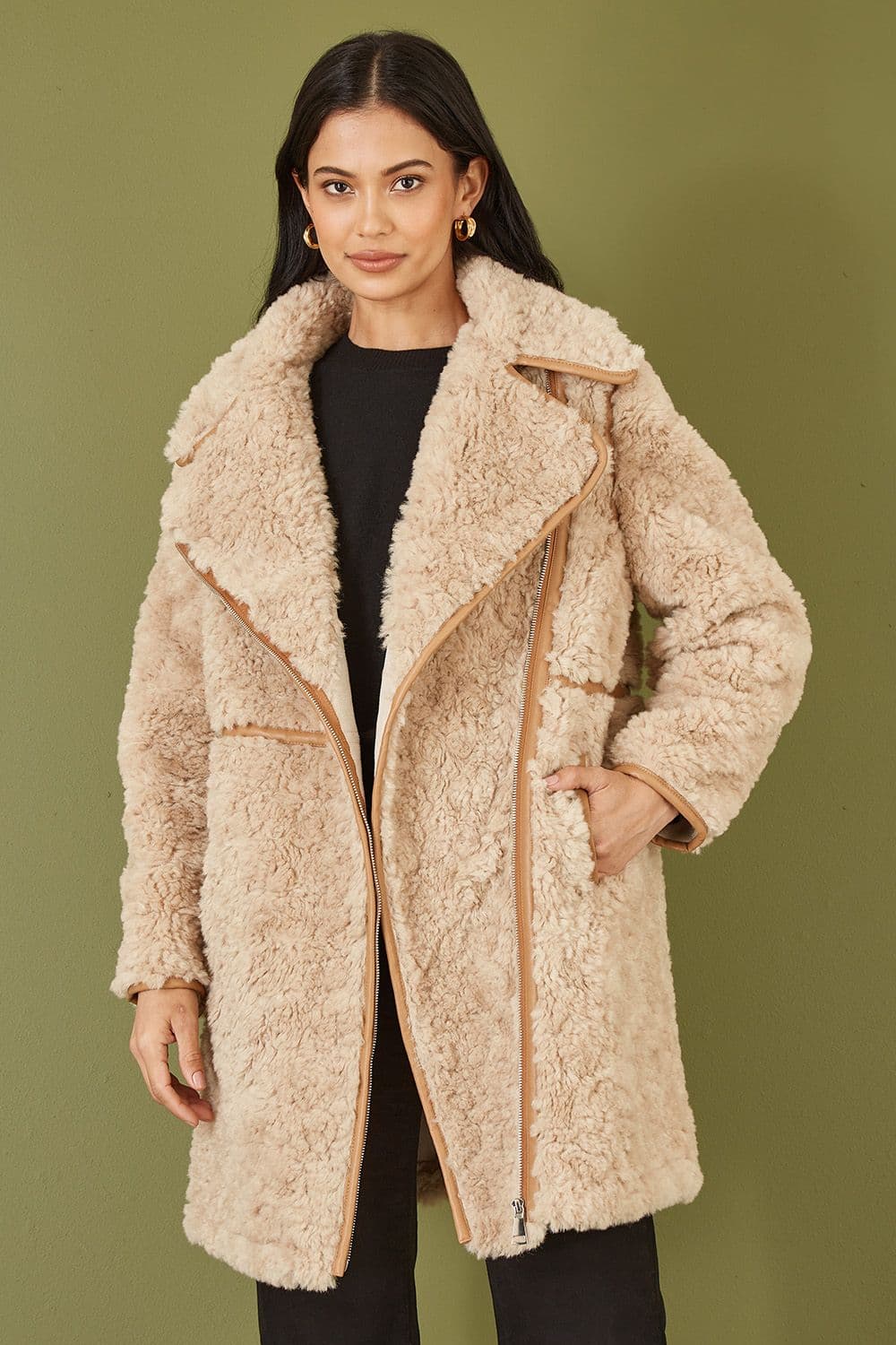 Yumi Women's Brown Textured Borg Long Line Biker Coat | Size: 16