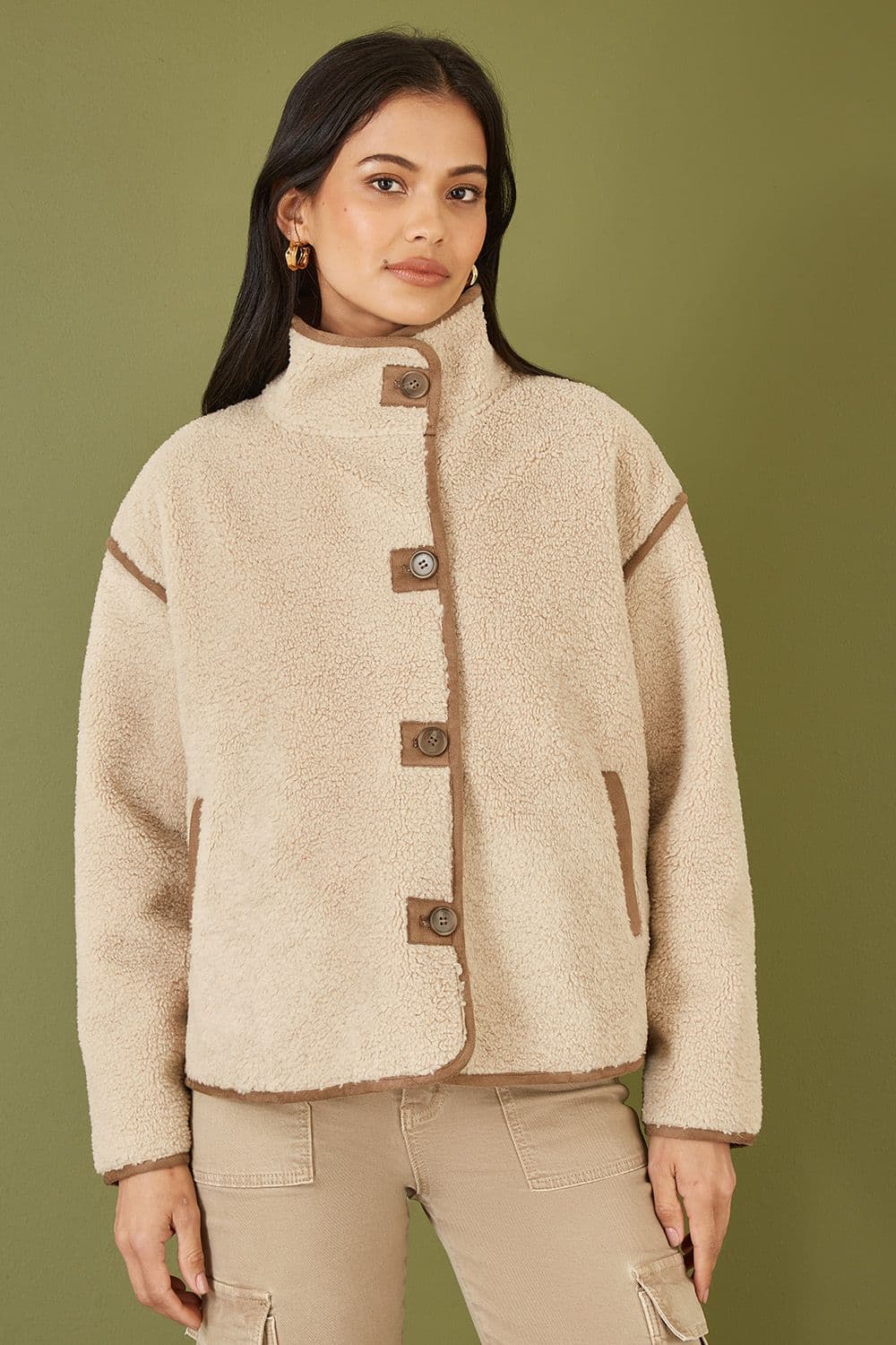 Yumi Women's Cream Borg High Neck Jacket With Faux Leather Trims | Size: 16