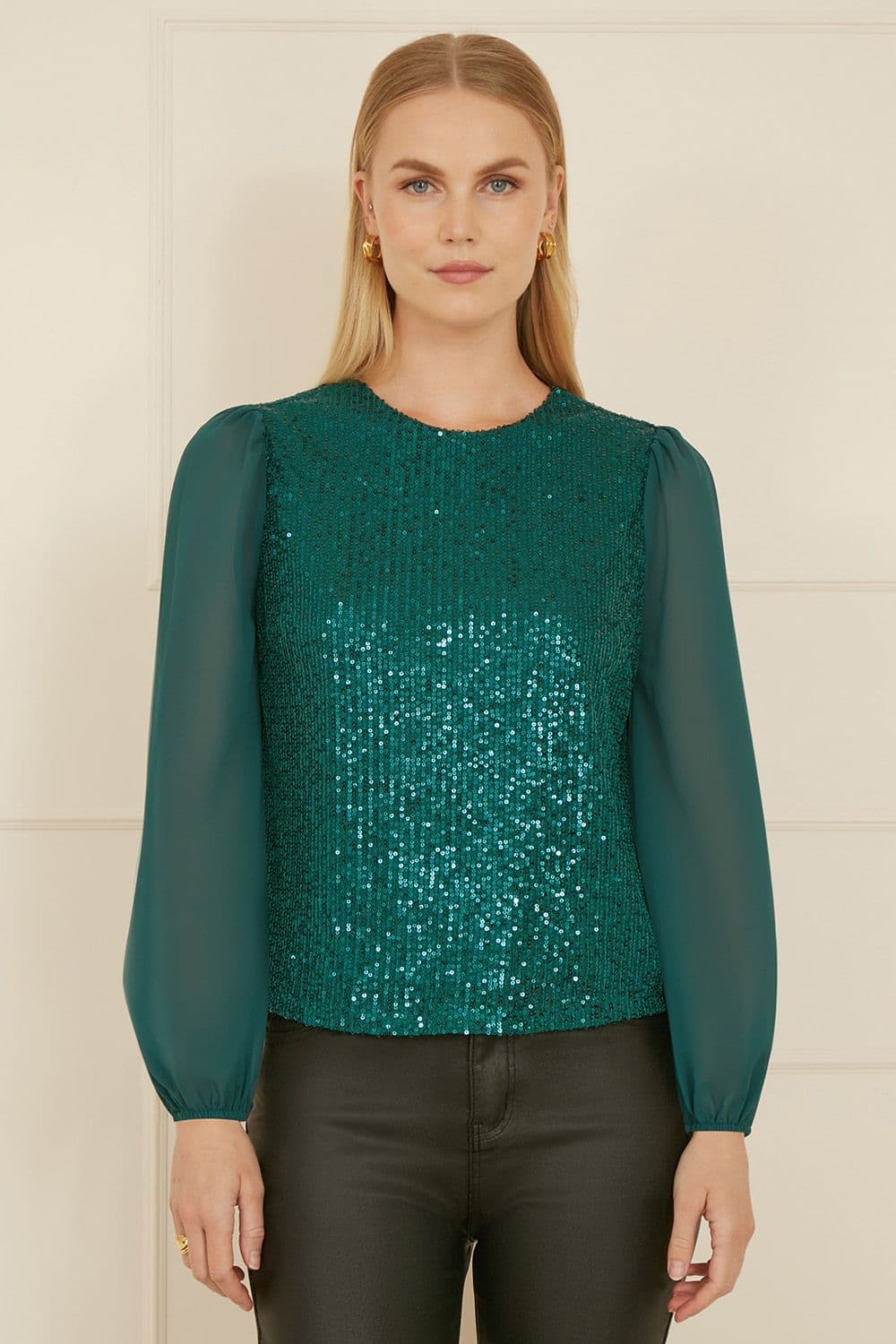 Yumi Women's Green Sequin Top With Sheer Sleeves | Size: 16