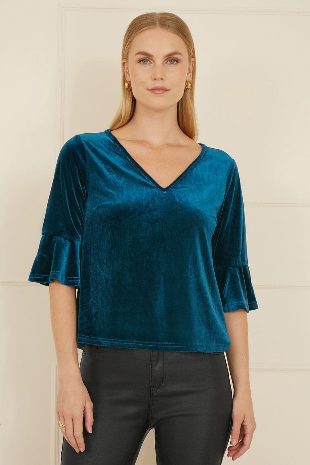 Yumi Women's Teal Velvet Relaxed Fit Top With Fluted Sleeves | Size: 10