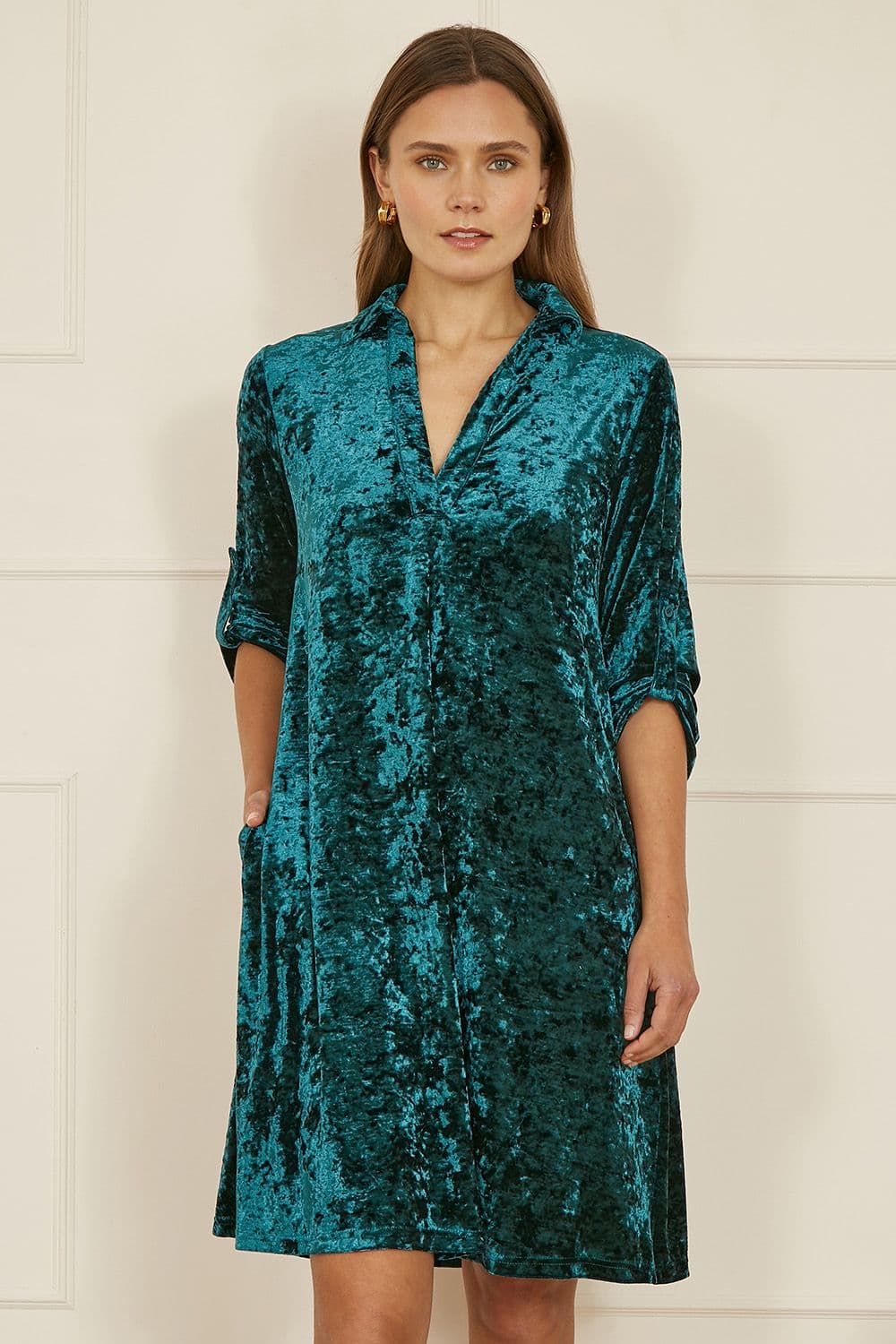 Yumi Women's Green Velvet Tunic Dress With 3/4 Sleeves | Size: 16