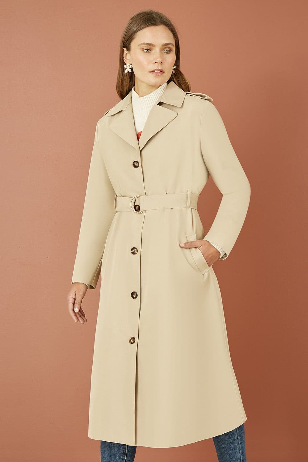 Beige Belted Long Trench Coat With Belt