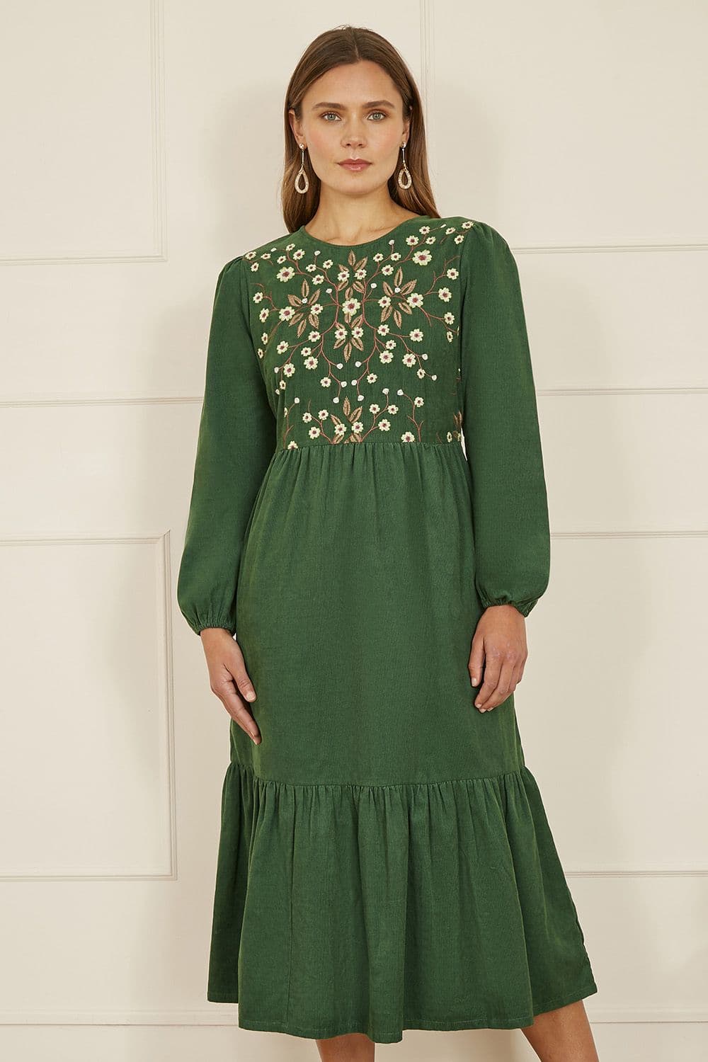 Green Long Sleeve Midi Dress With Floral Embroidery Bodice