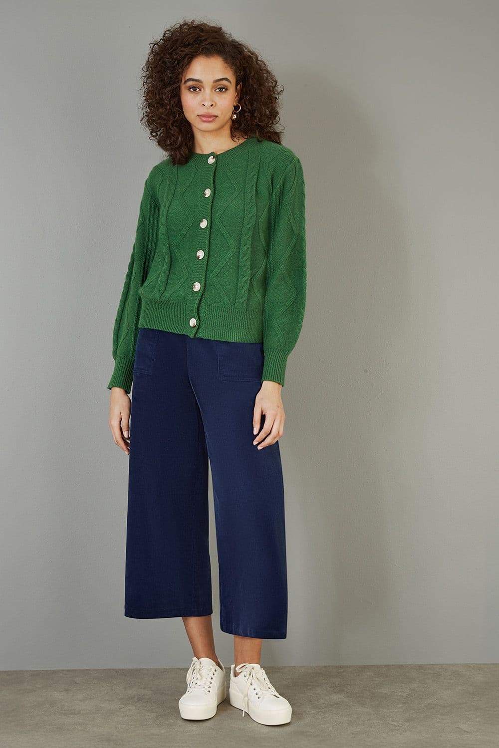 Yumi Women's Navy Cord Cropped Wide Leg Trousers With Pockets | Size: 10