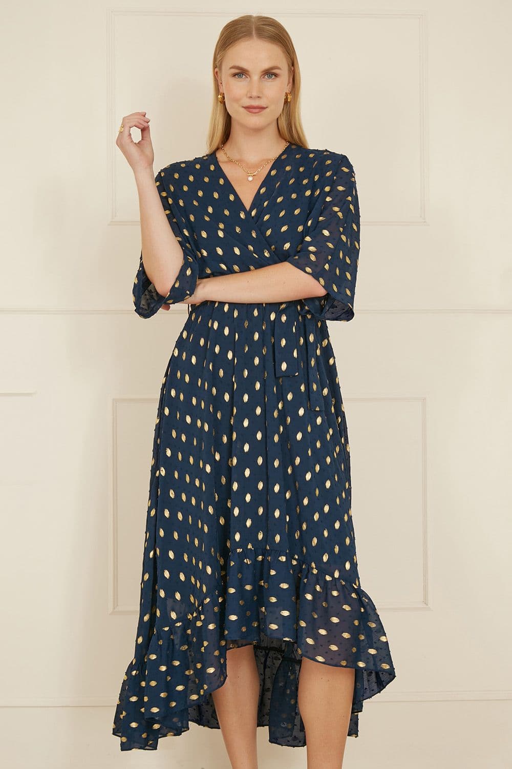 Yumi Women's Navy Foil Print Wrap Over Dip Hem Midi Dress | Size: 20