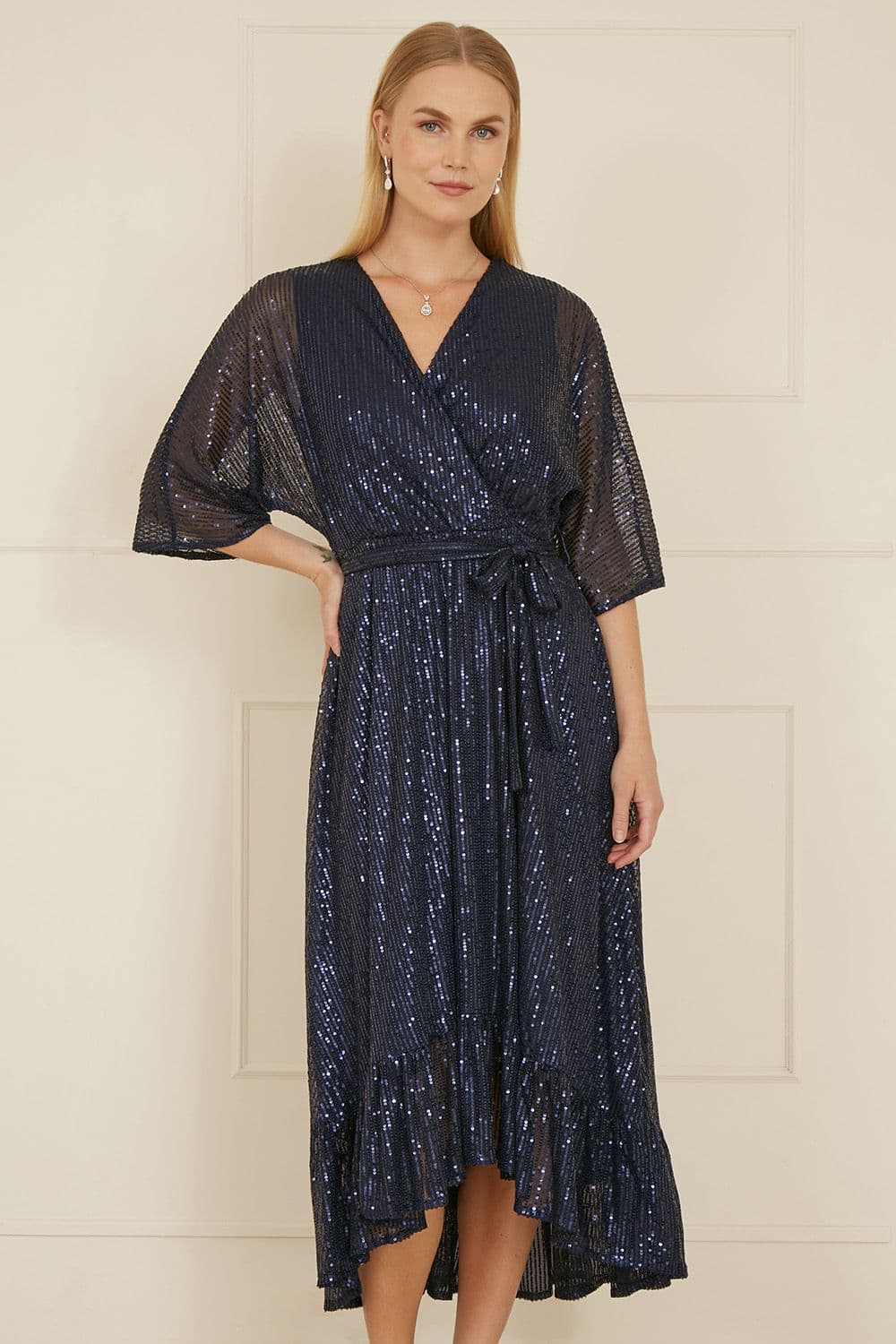 Yumi Women's Navy Sequin Kimono Midi Wrap Dress | Size: 10