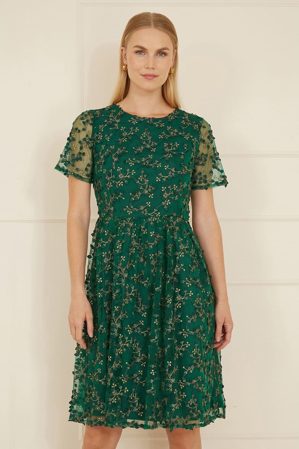 Yumi Women's Green Embroidered Floral Skater Dress | Size: 8