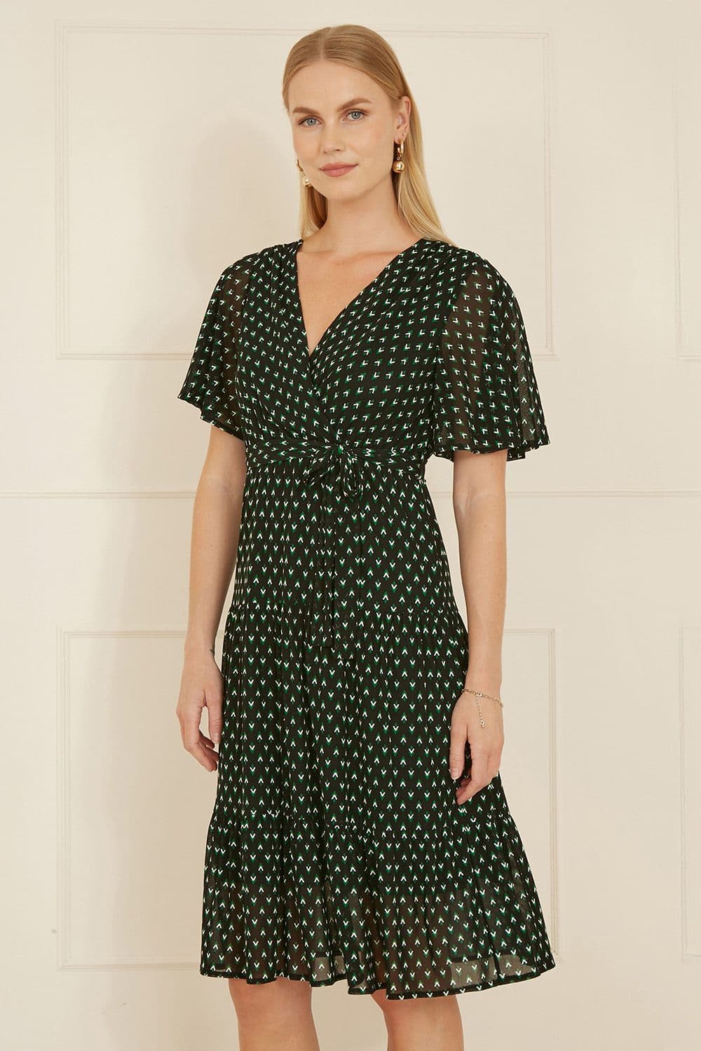 Yumi Women's Black Dot Print Mesh Stretch Midi Skater Dress | Size: 12